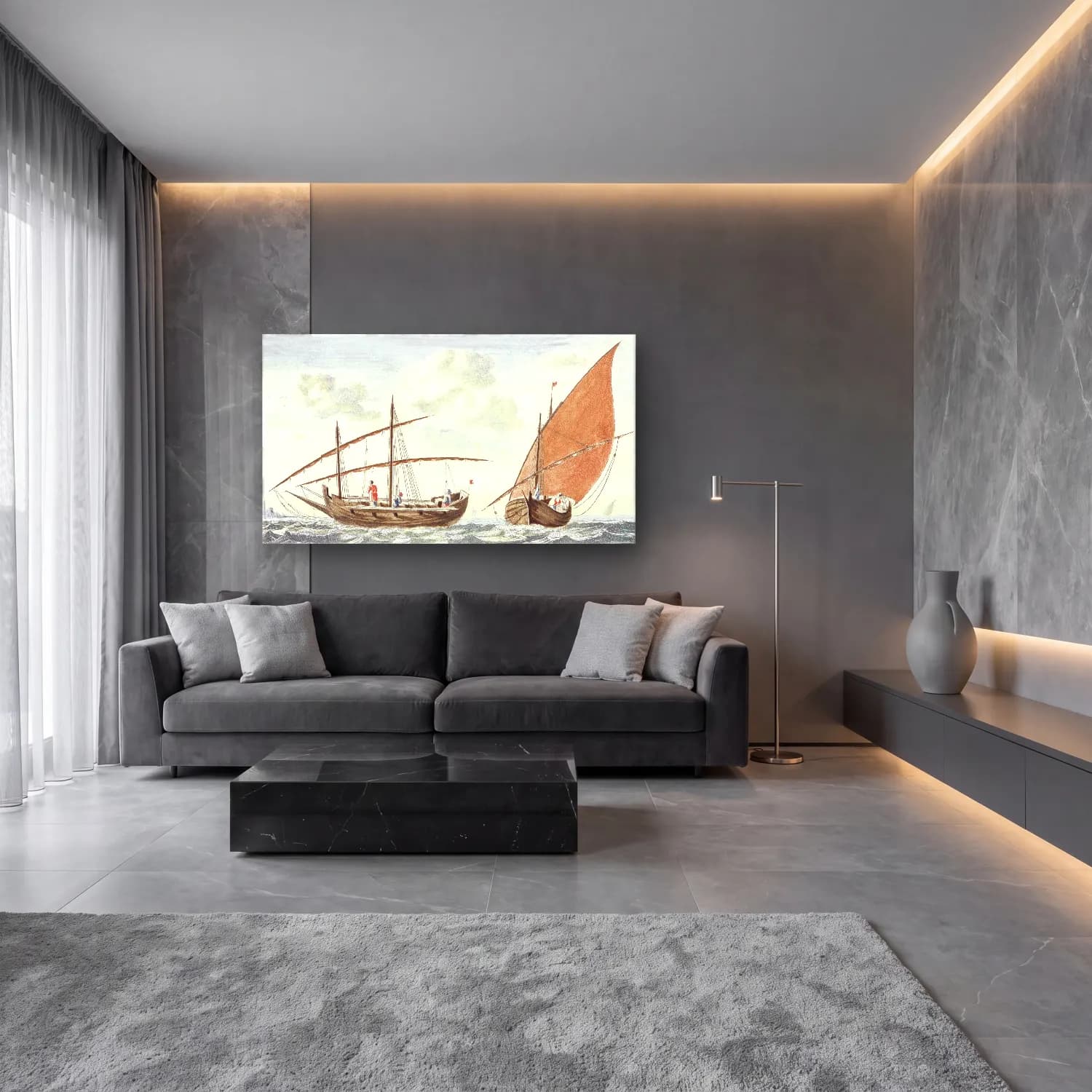 Johan Teyler – Ships on the sea of Istanbul cam tablo — lüks salon duvarında