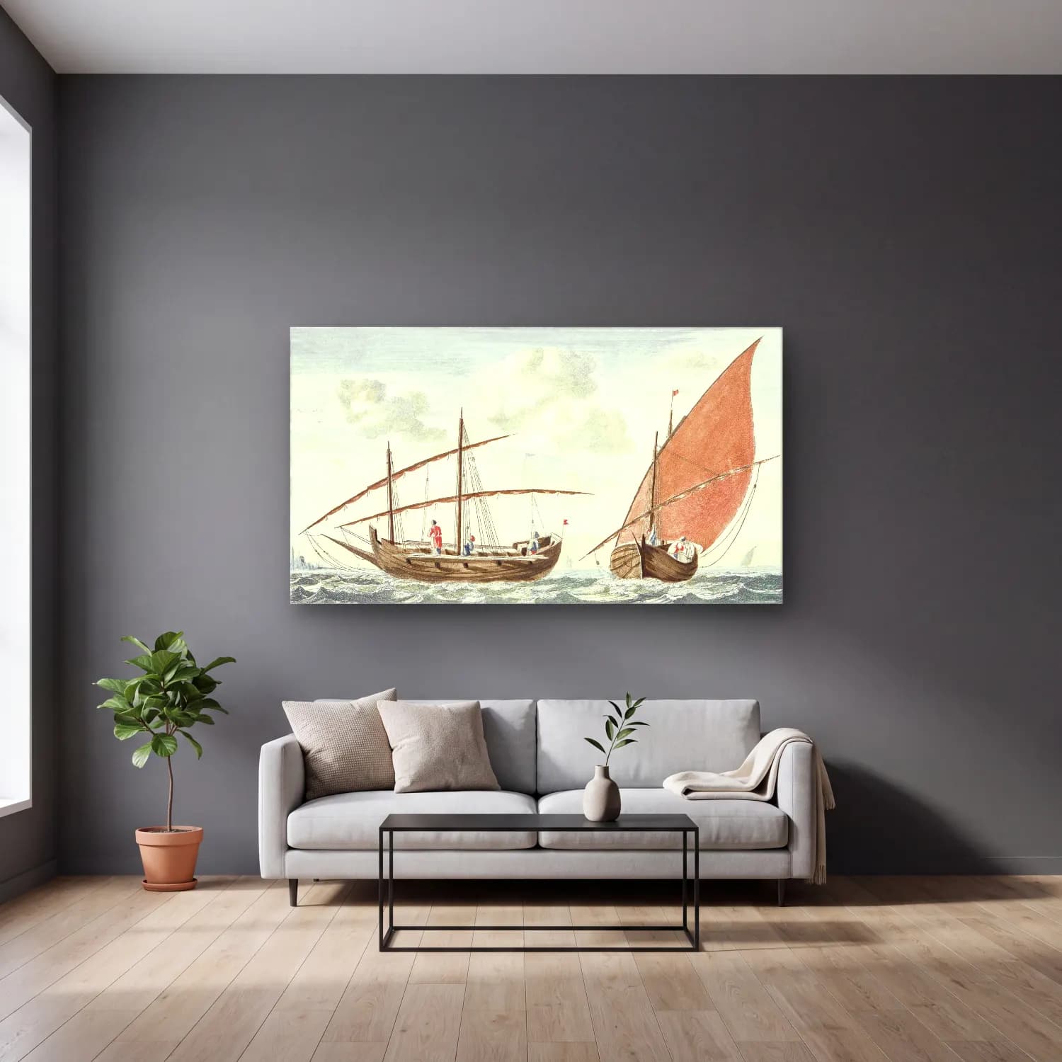 Johan Teyler – Ships on the sea of Istanbul cam tablo — gri duvarlı salonda