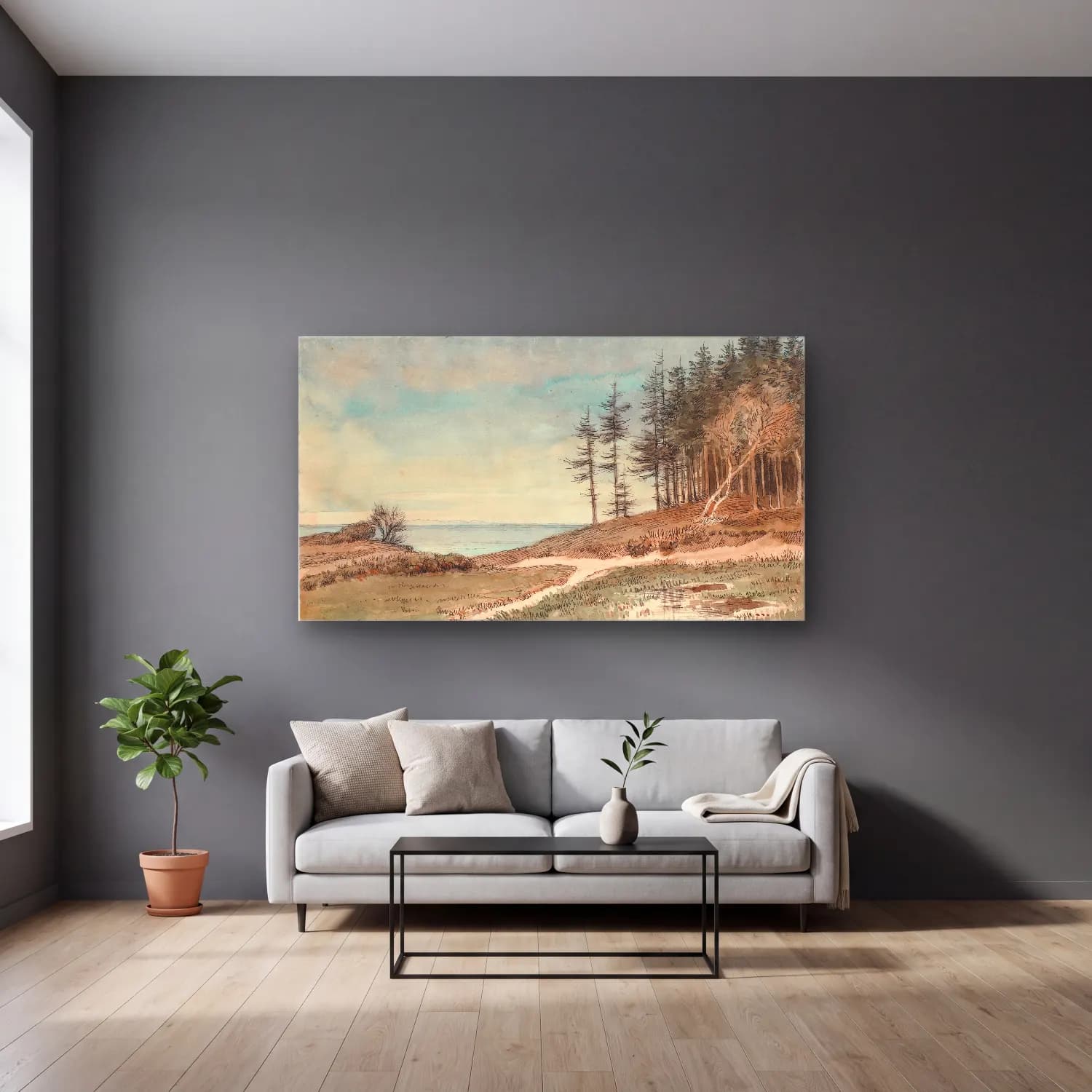Johan Thomas Lundbye – View towards Kullen from the beach at Hellebæk cam tablo — gri duvarlı salonda