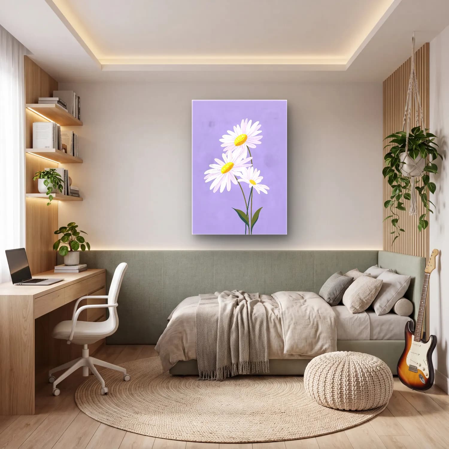 Botanik İllüstrasyon Papatyalar – Mor Tonlar cam tablo — genç odasında
