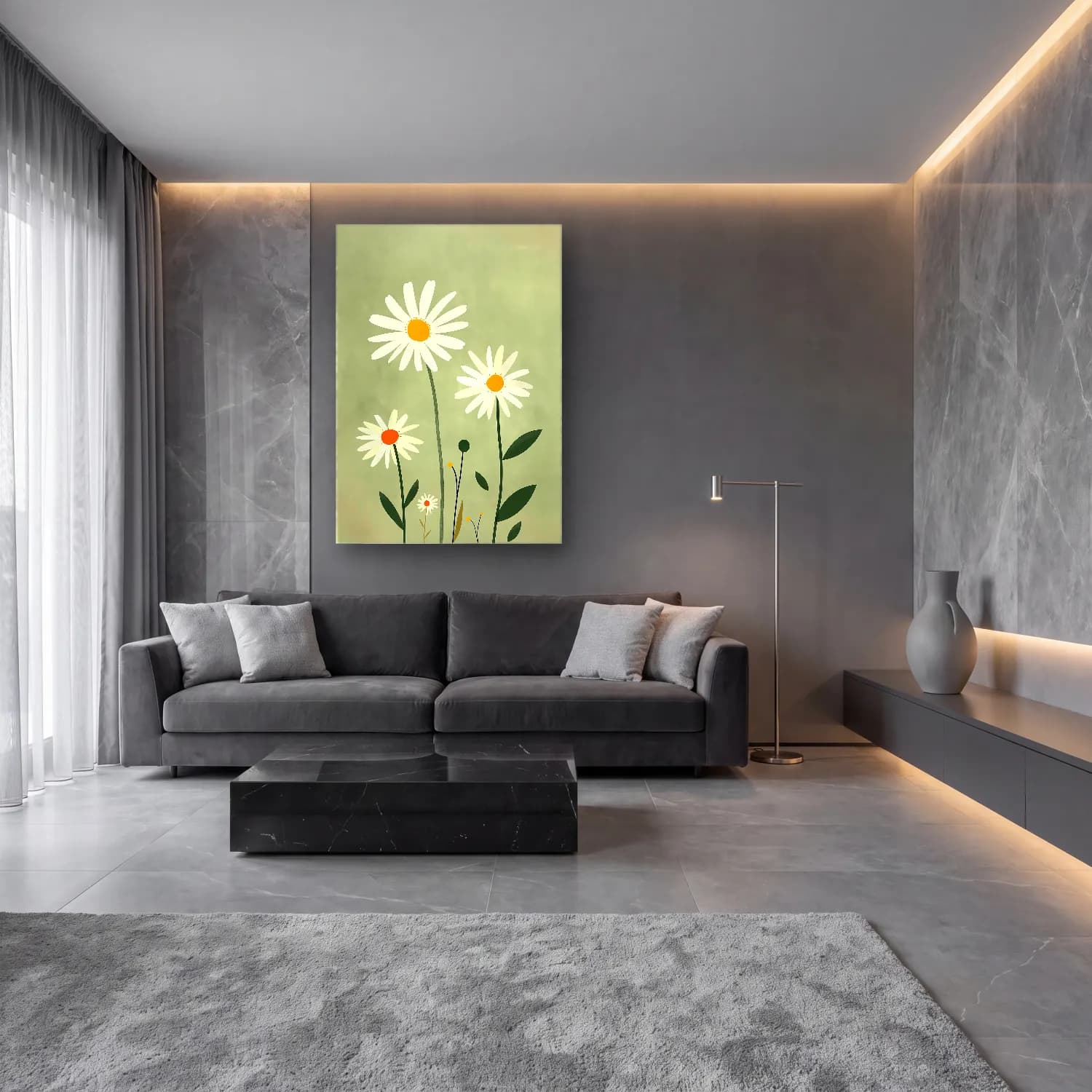 Pastel Papatyalar – Turkuaz Tonlar cam tablo — lüks salon duvarında