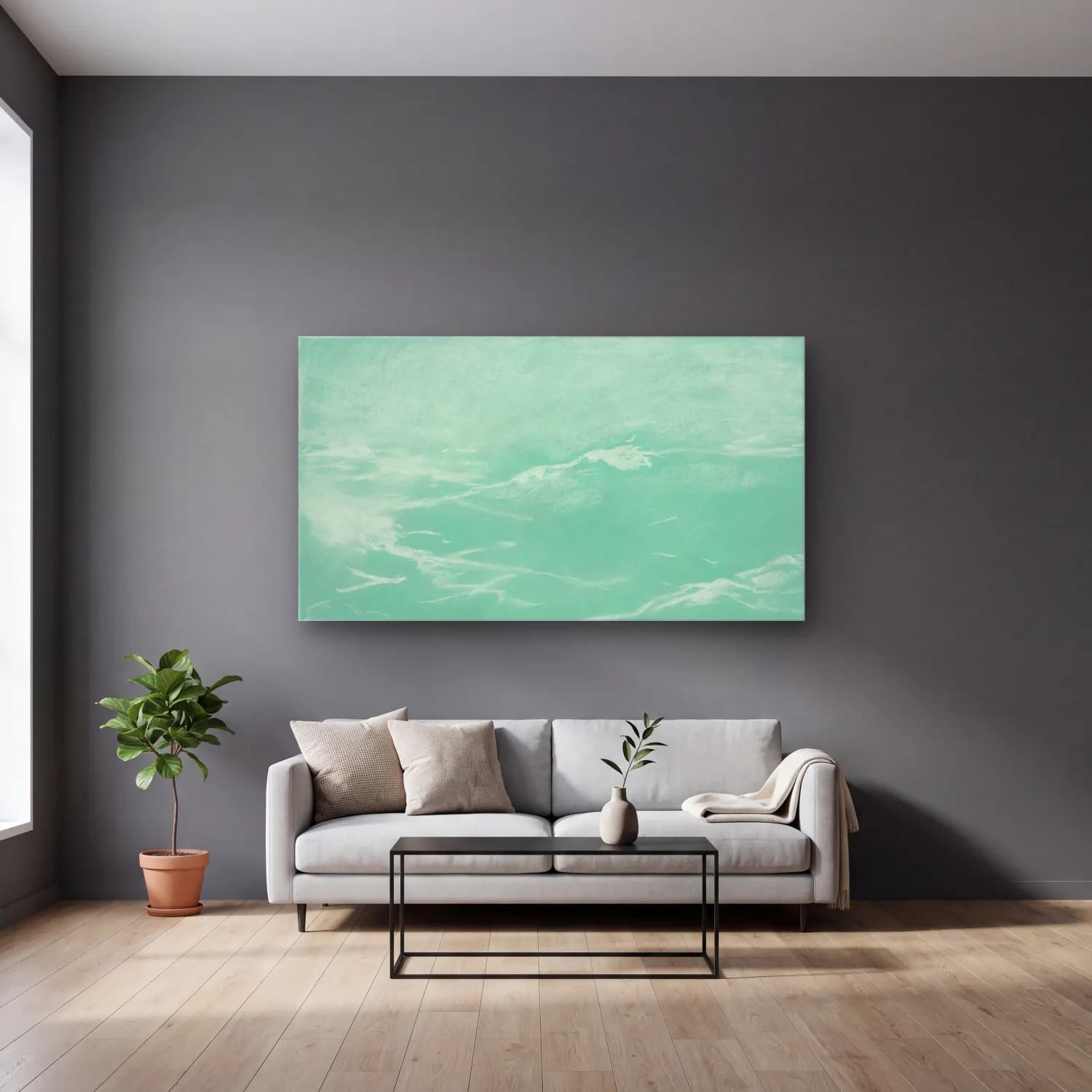 Pastel Mermer Doku No. 20 cam tablo — gri duvarlı salonda