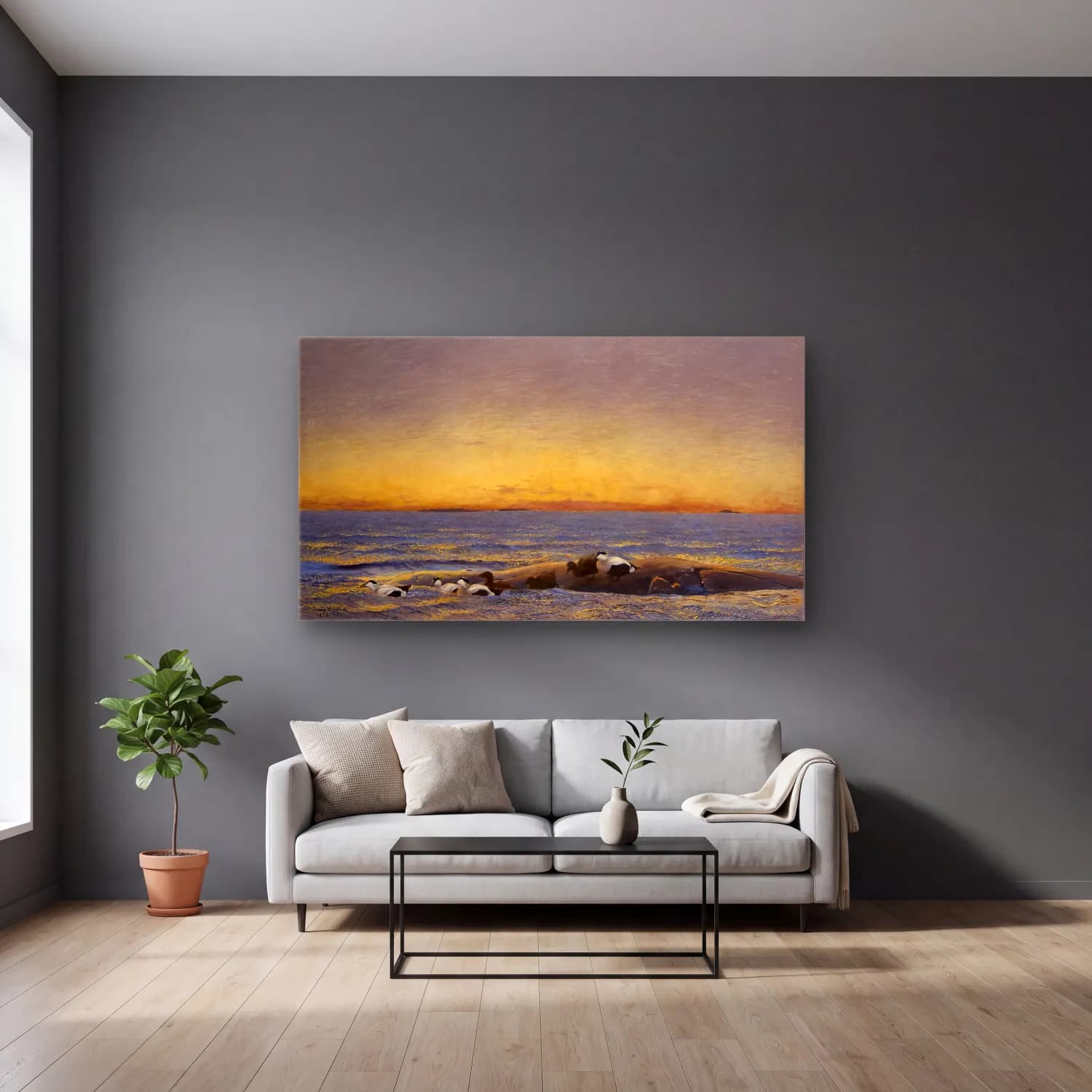 Bruno Liljefors – Morning Mood by the Sea cam tablo — gri duvarlı salonda