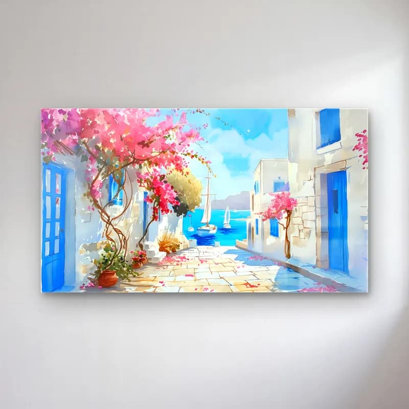 Suluboya Yunan Adası – Pembe Tonlar cam tablo — Suluboya Yunan Adası – Pembe Tonlar — suluboya yunan adası