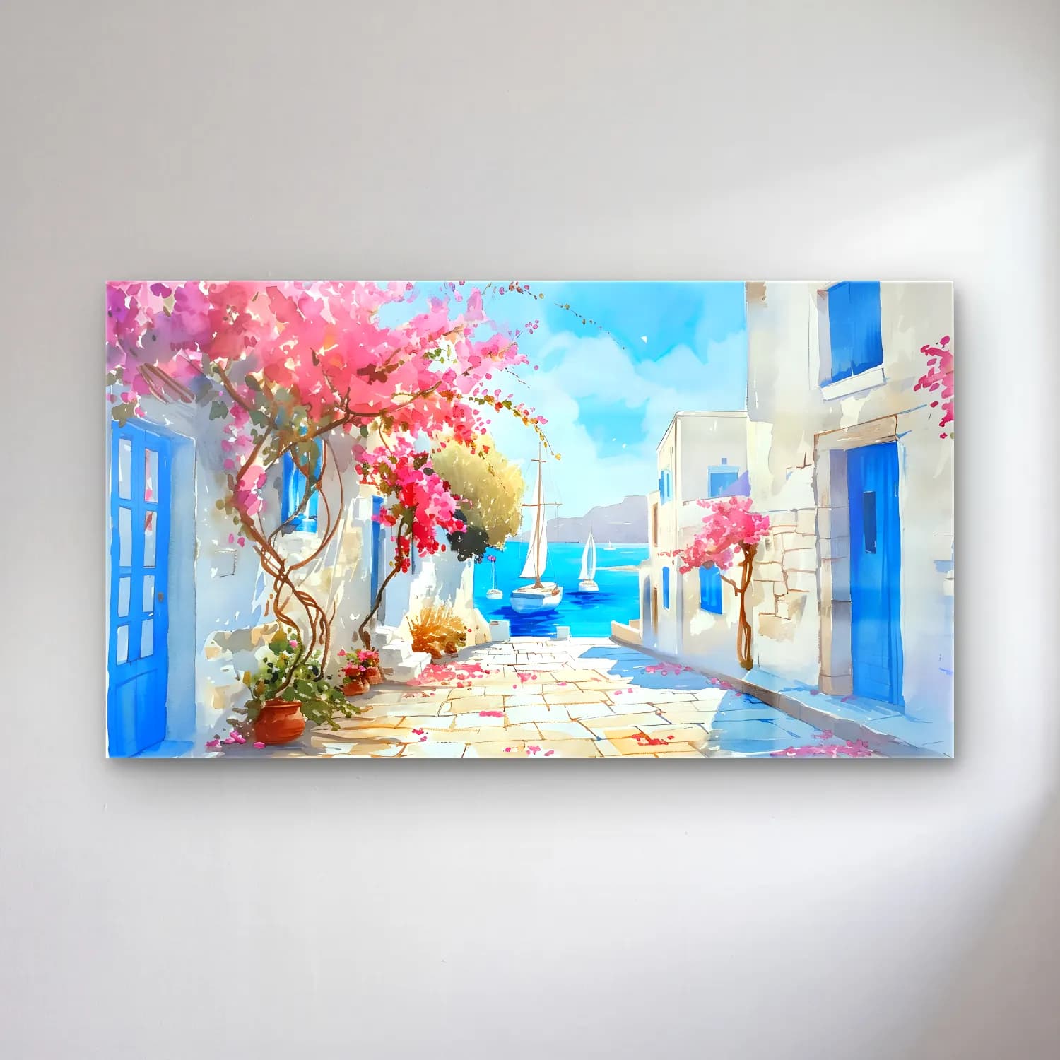 Suluboya Yunan Adası – Pembe Tonlar cam tablo — Suluboya Yunan Adası – Pembe Tonlar — suluboya yunan adası