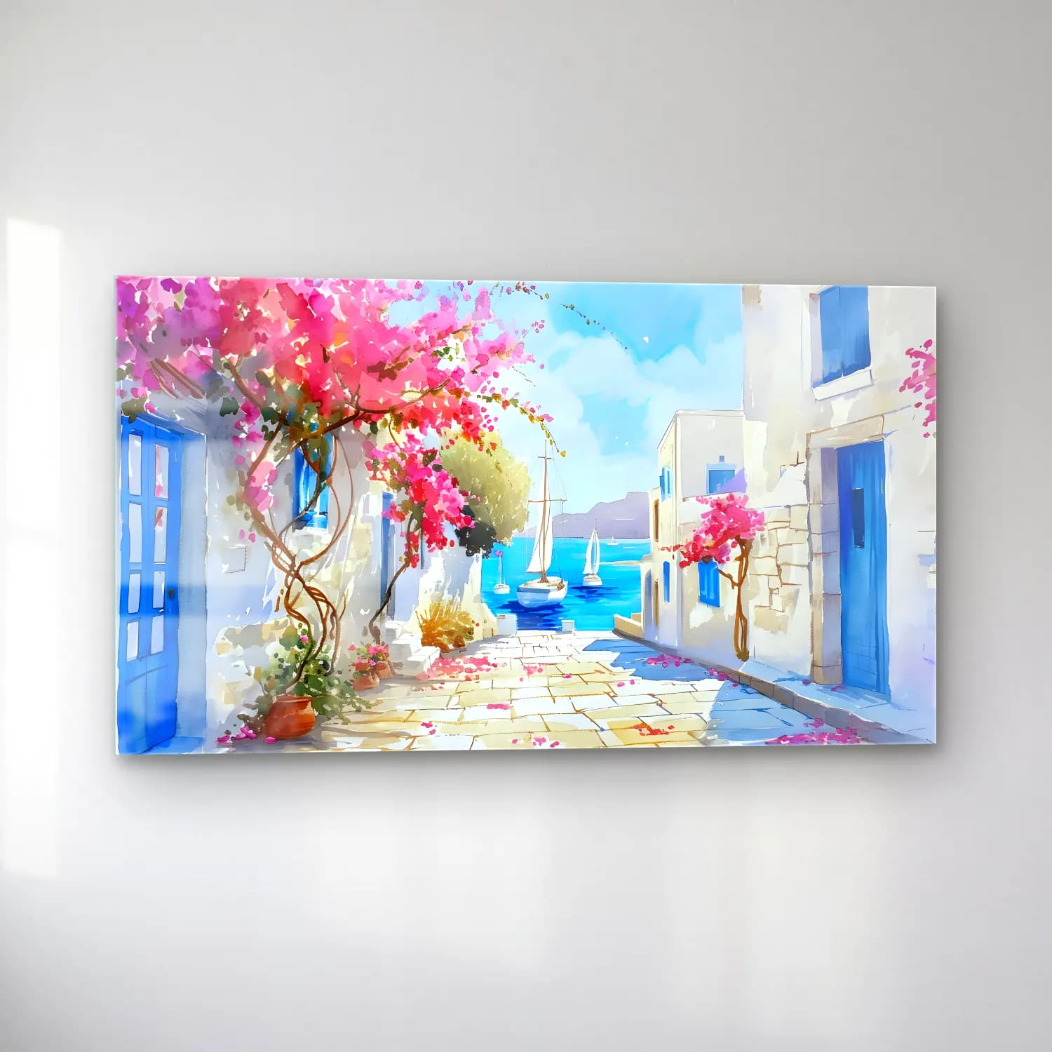 Suluboya Yunan Adası – Pembe Tonlar cam tablo — sol açıdan görünüm