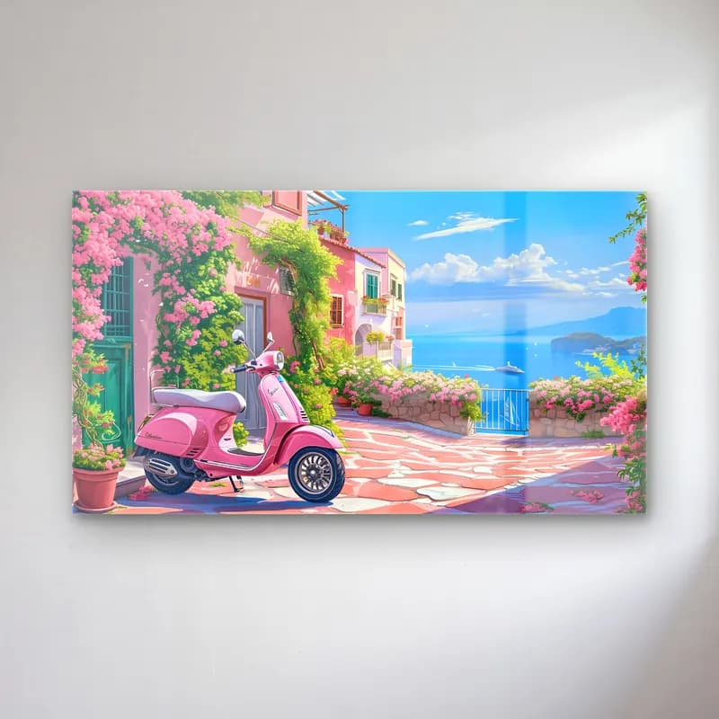 Pastel Akdeniz Sahil Kasabası No. 2 cam tablo — Pastel Akdeniz Sahil Kasabası No. 2 — pastel akdeniz sahil kasabası