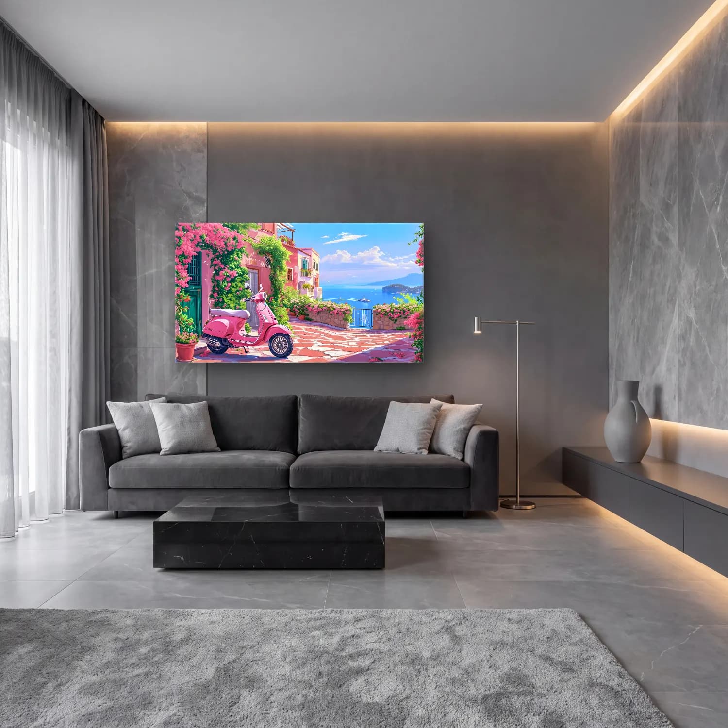 Pastel Akdeniz Sahil Kasabası No. 2 cam tablo — lüks salon duvarında
