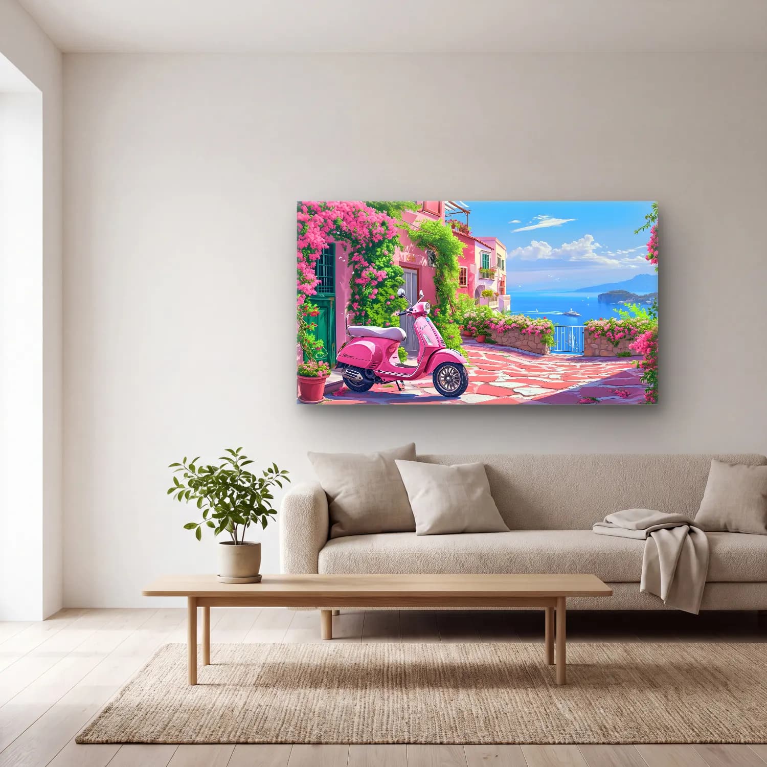 Pastel Akdeniz Sahil Kasabası No. 2 cam tablo — açık renk salonda