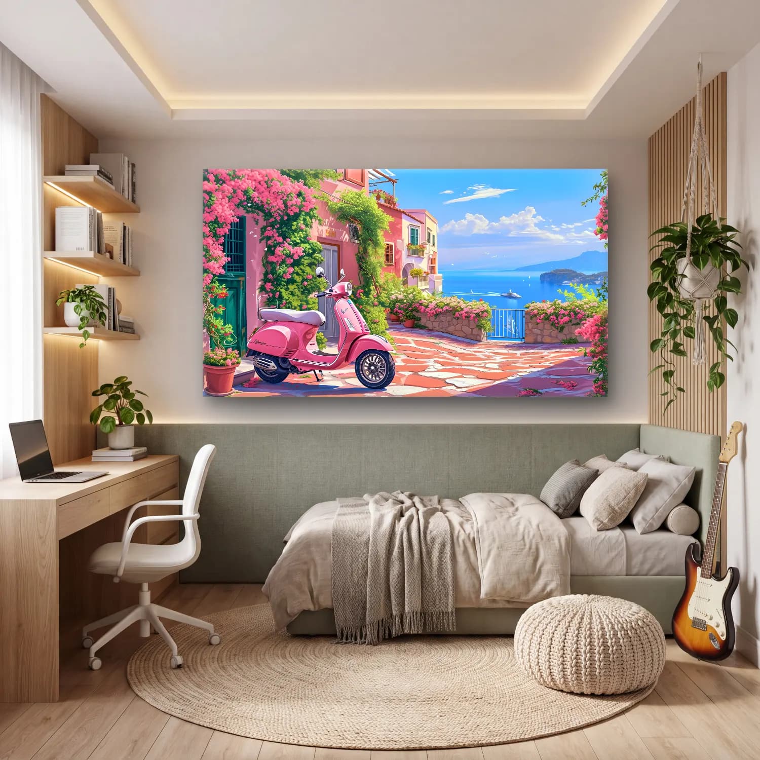 Pastel Akdeniz Sahil Kasabası No. 2 cam tablo — genç odasında