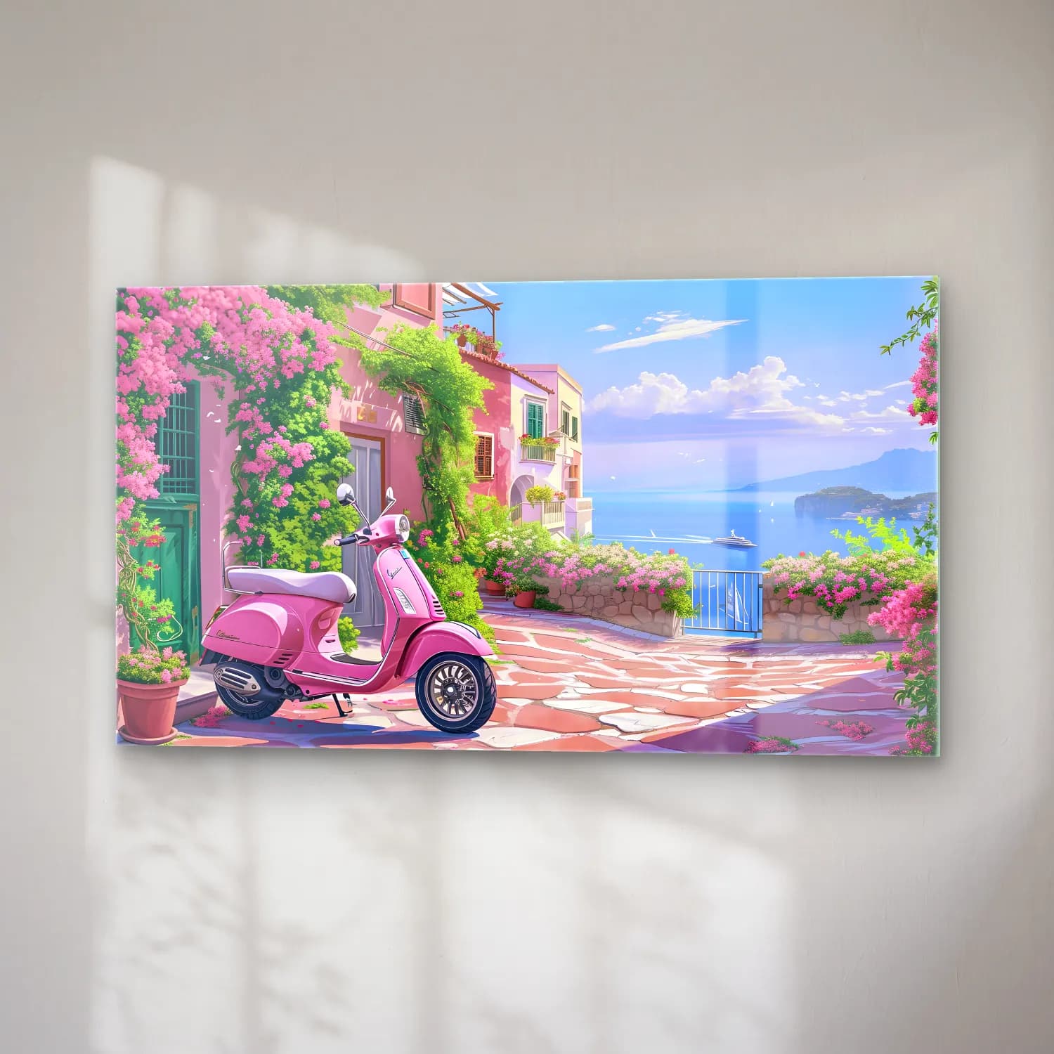 Pastel Akdeniz Sahil Kasabası No. 2 cam tablo — sağ açıdan görünüm