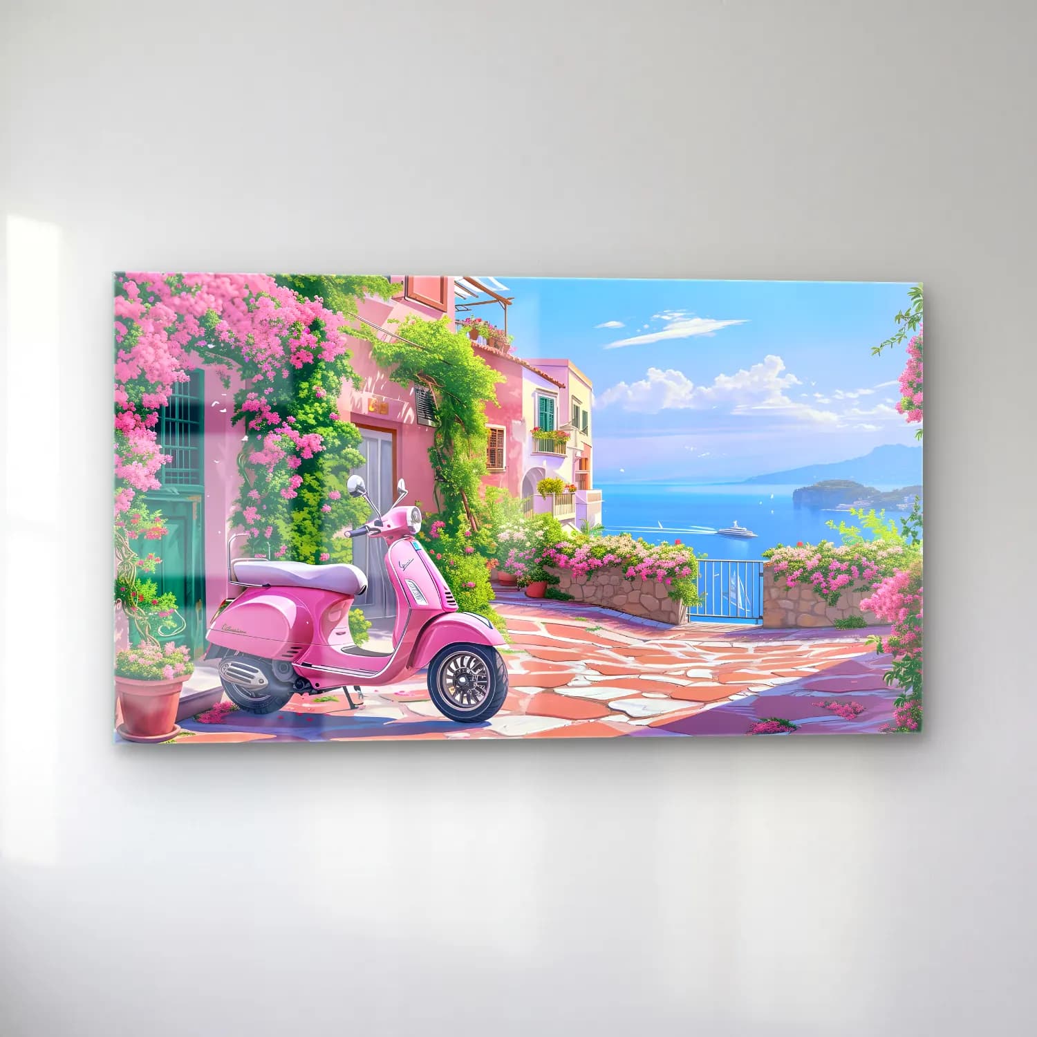 Pastel Akdeniz Sahil Kasabası No. 2 cam tablo — sol açıdan görünüm
