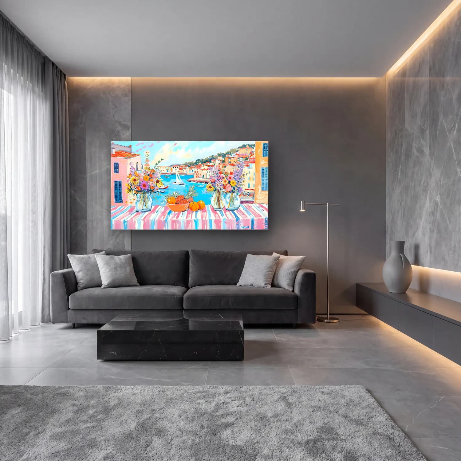 Pastel İtalyan Sahili – Pastel Tonlar cam tablo — lüks salon duvarında