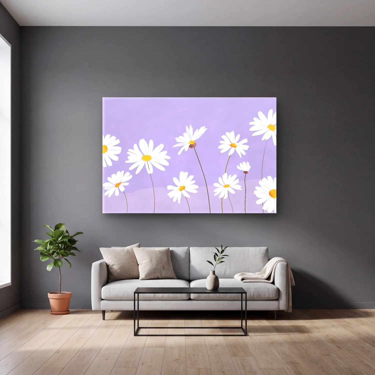Pastel Papatyalar No. 12 cam tablo — gri duvarlı salonda