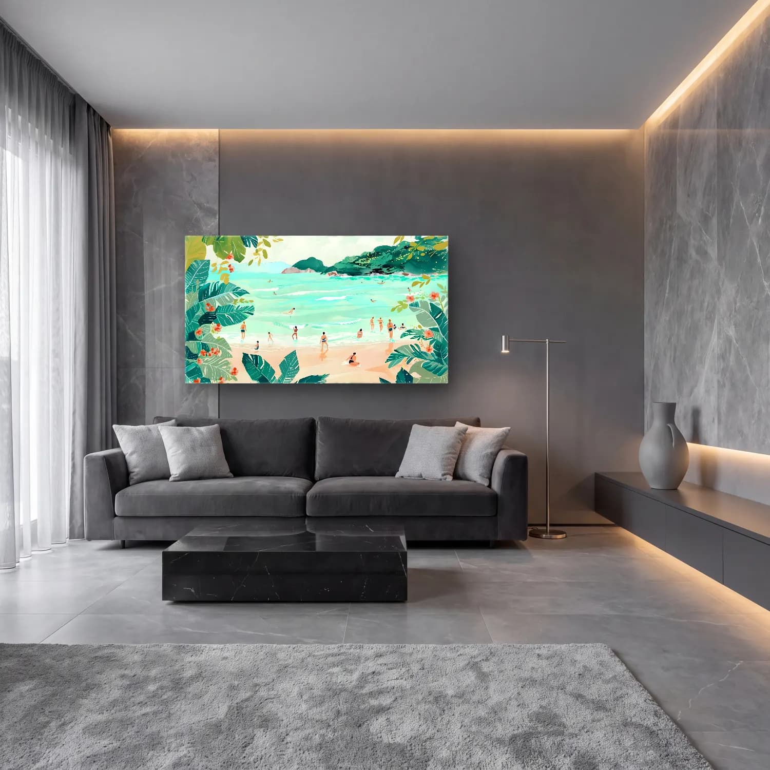 Pastel Sahilde İnsanlar No. 10 cam tablo — lüks salon duvarında