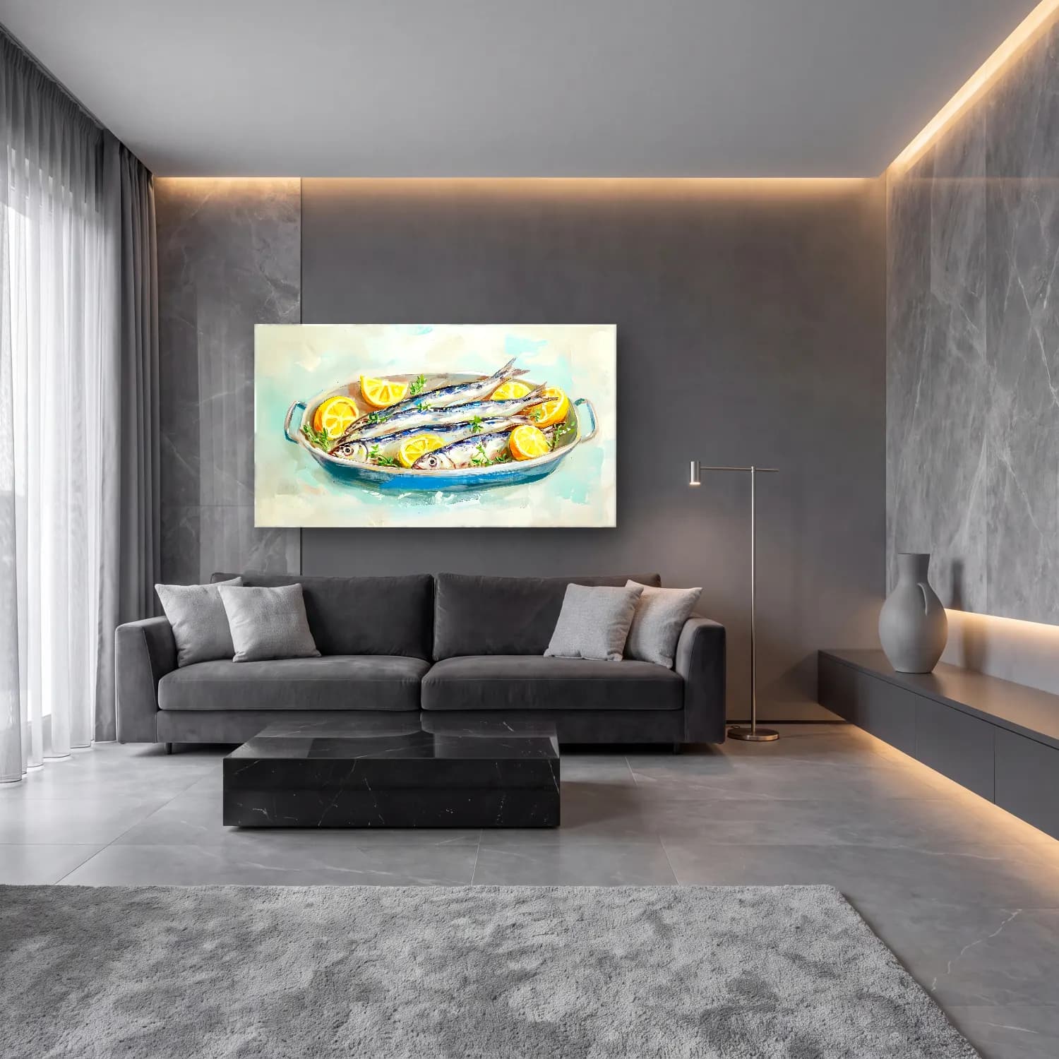 Yağlı Boya Balık – Sarı Tonlar cam tablo — lüks salon duvarında