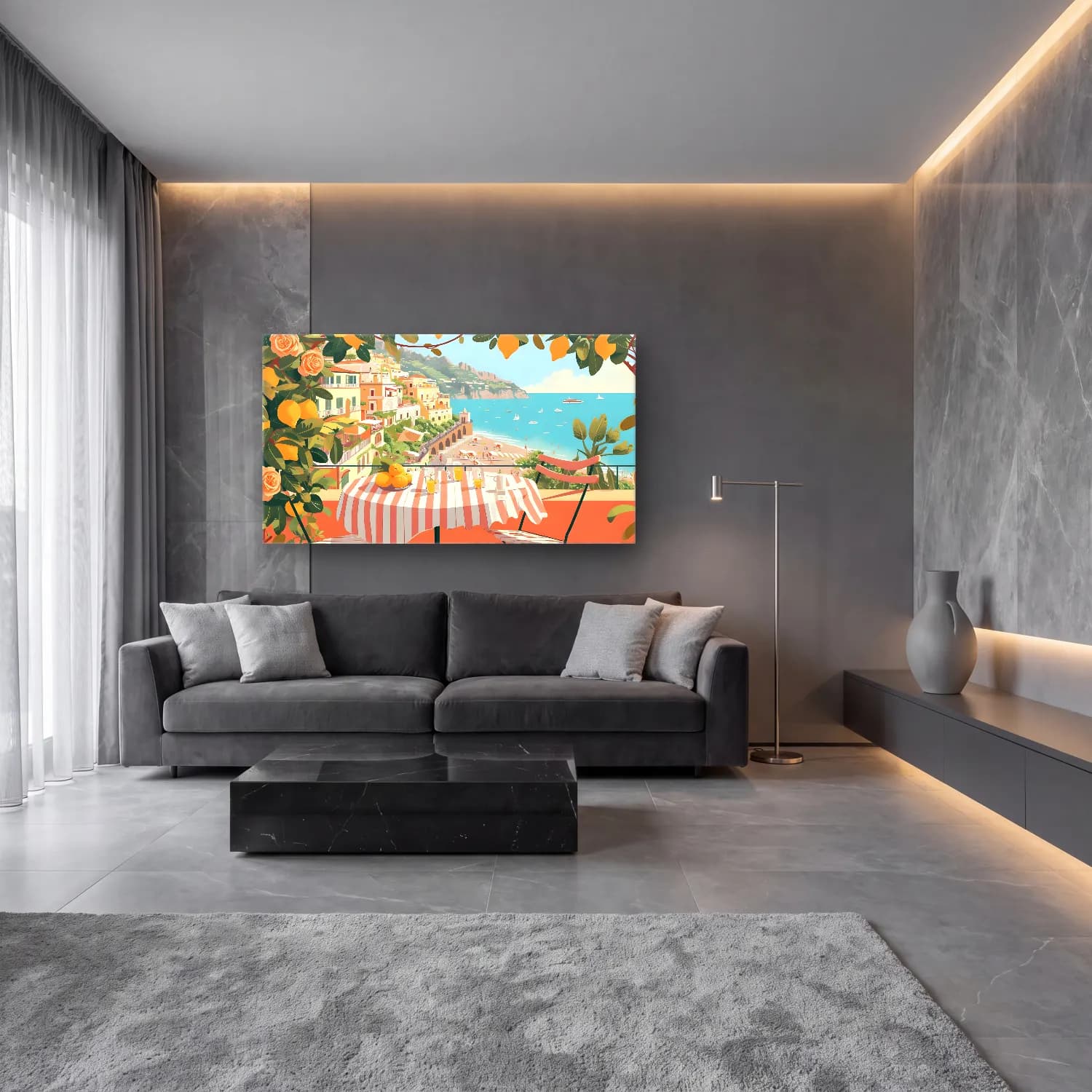 Pastel İtalyan Sahili – Sarı Tonlar cam tablo — lüks salon duvarında
