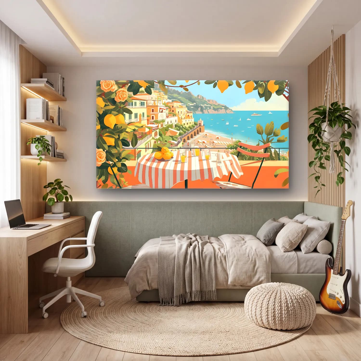 Pastel İtalyan Sahili – Sarı Tonlar cam tablo — genç odasında