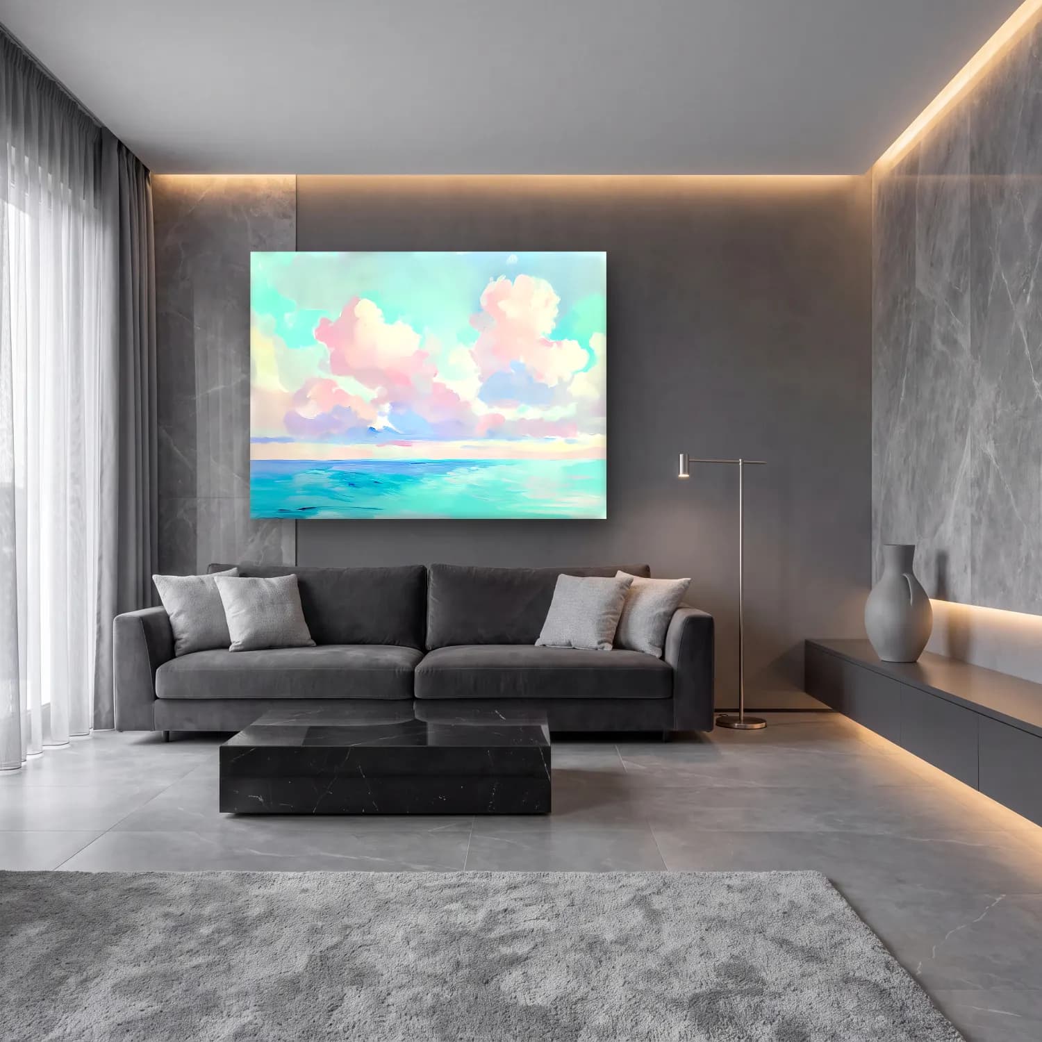 Pastel Sakin Deniz Ufku – Pastel Tonlar cam tablo — lüks salon duvarında