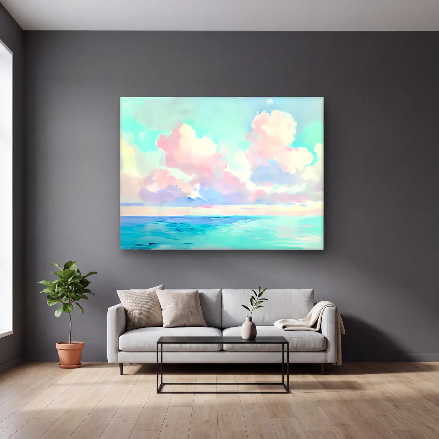 Pastel Sakin Deniz Ufku – Pastel Tonlar cam tablo — gri duvarlı salonda