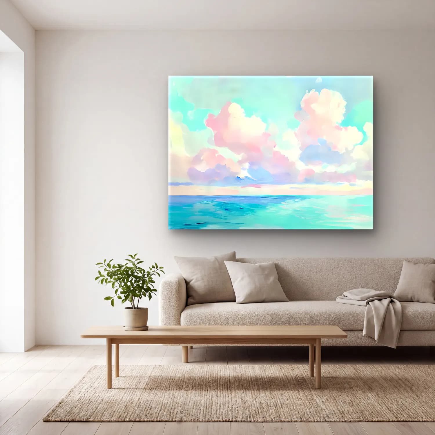 Pastel Sakin Deniz Ufku – Pastel Tonlar cam tablo — açık renk salonda