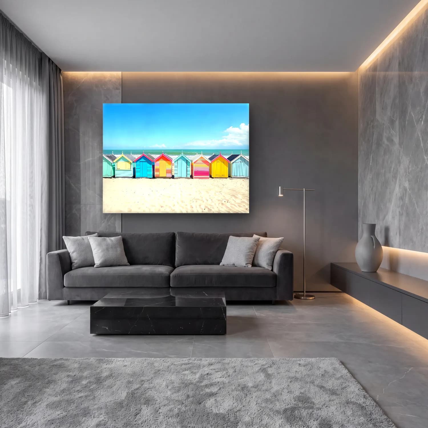 Pastel Sahilde İnsanlar No. 11 cam tablo — lüks salon duvarında