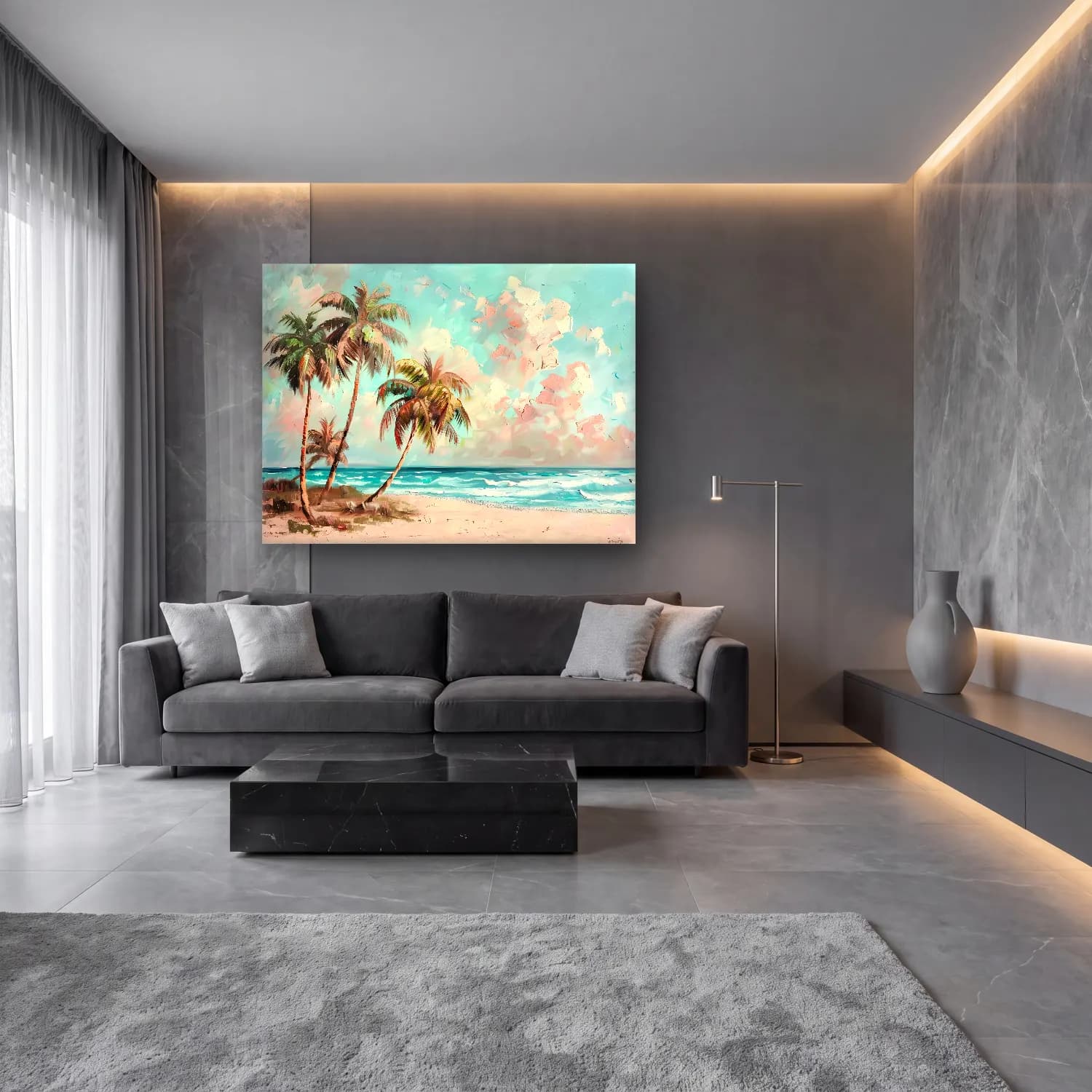 Yağlı Boya Palmiyeli Tropik Sahil – Pastel Tonlar cam tablo — lüks salon duvarında