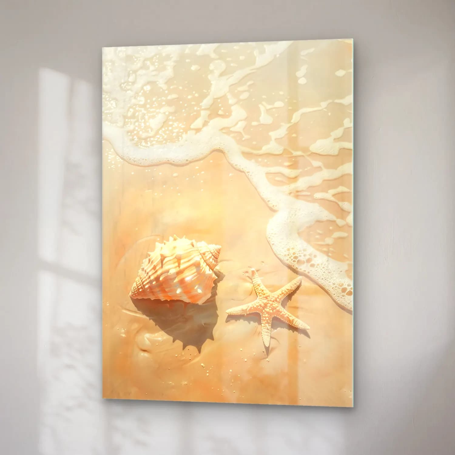 Pastel Deniz Kabukları No. 28 cam tablo — sağ açıdan görünüm