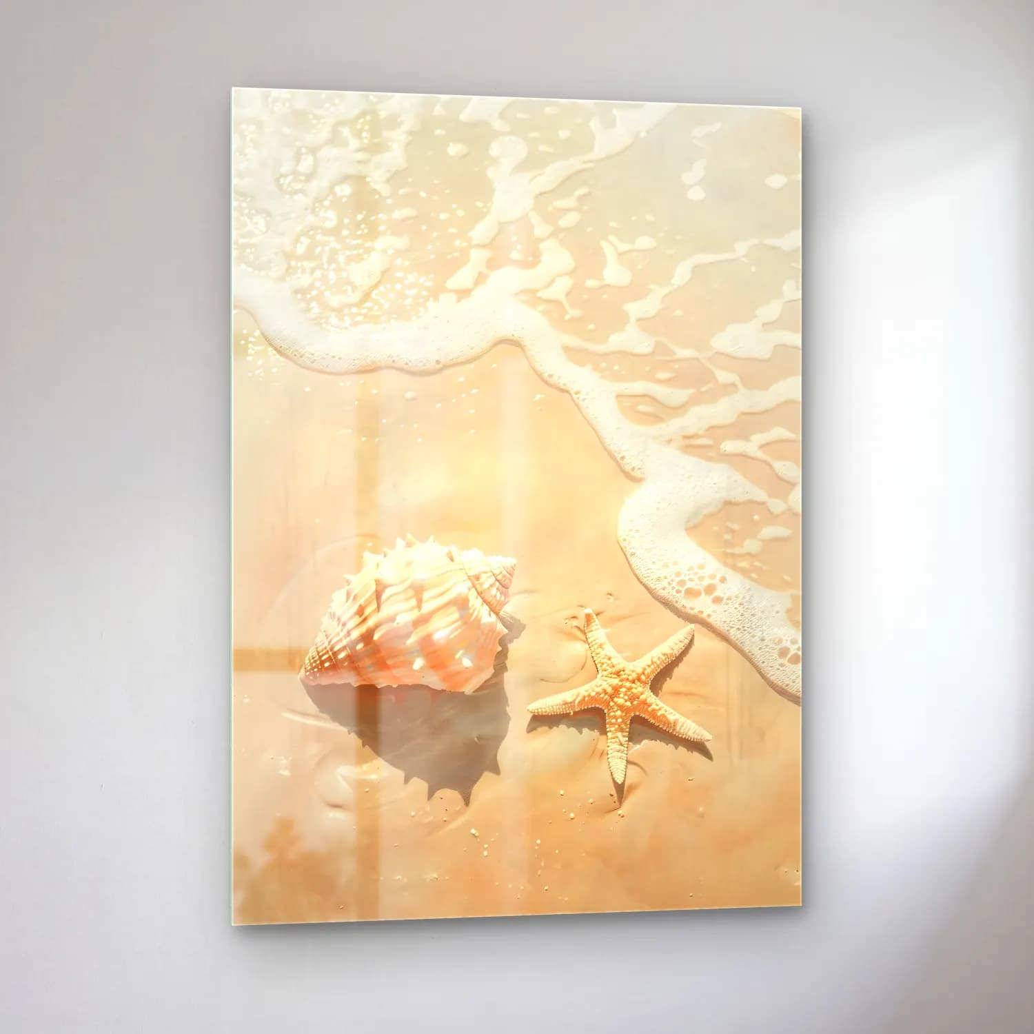 Pastel Deniz Kabukları No. 28 cam tablo — sol açıdan görünüm
