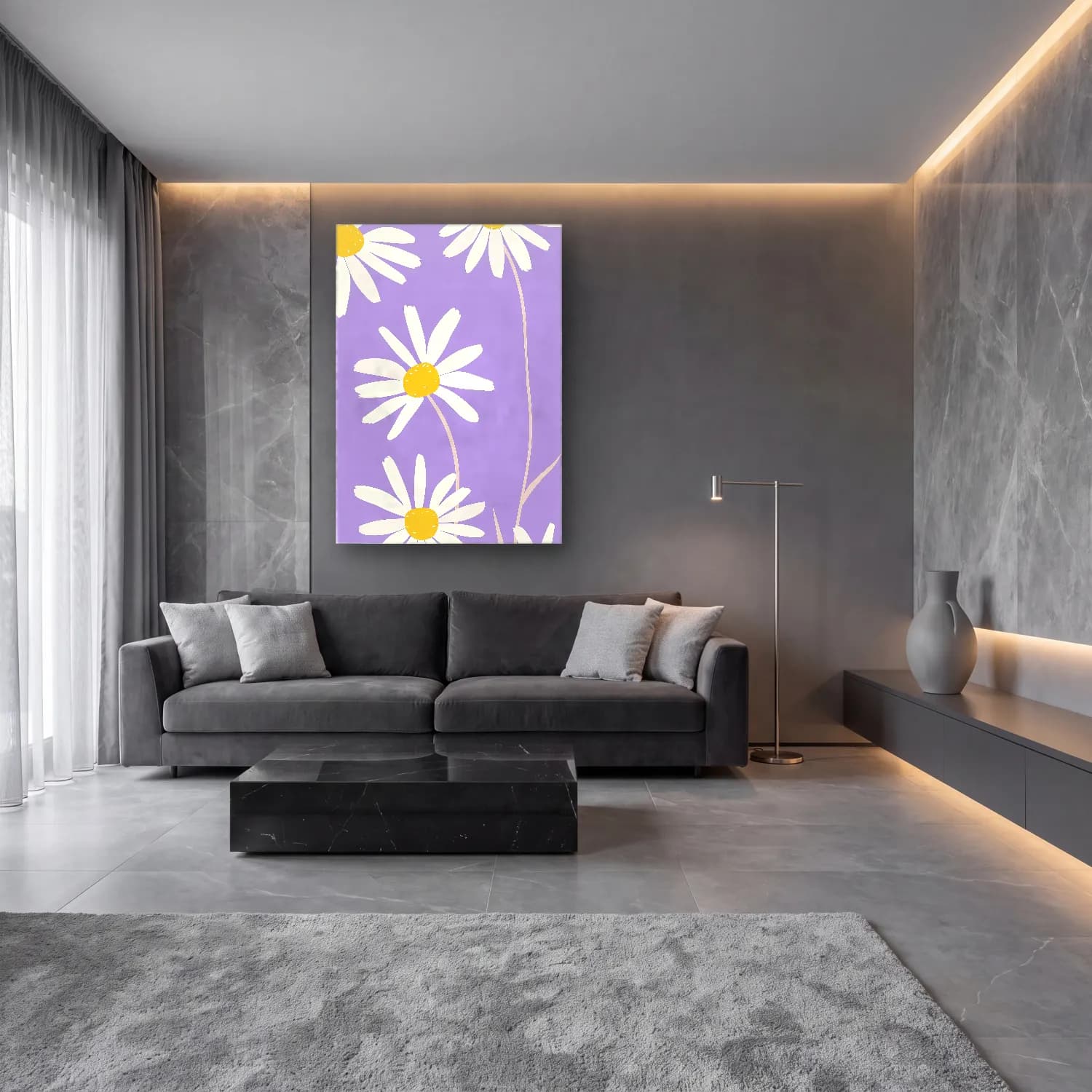 Pastel Papatyalar No. 13 cam tablo — lüks salon duvarında