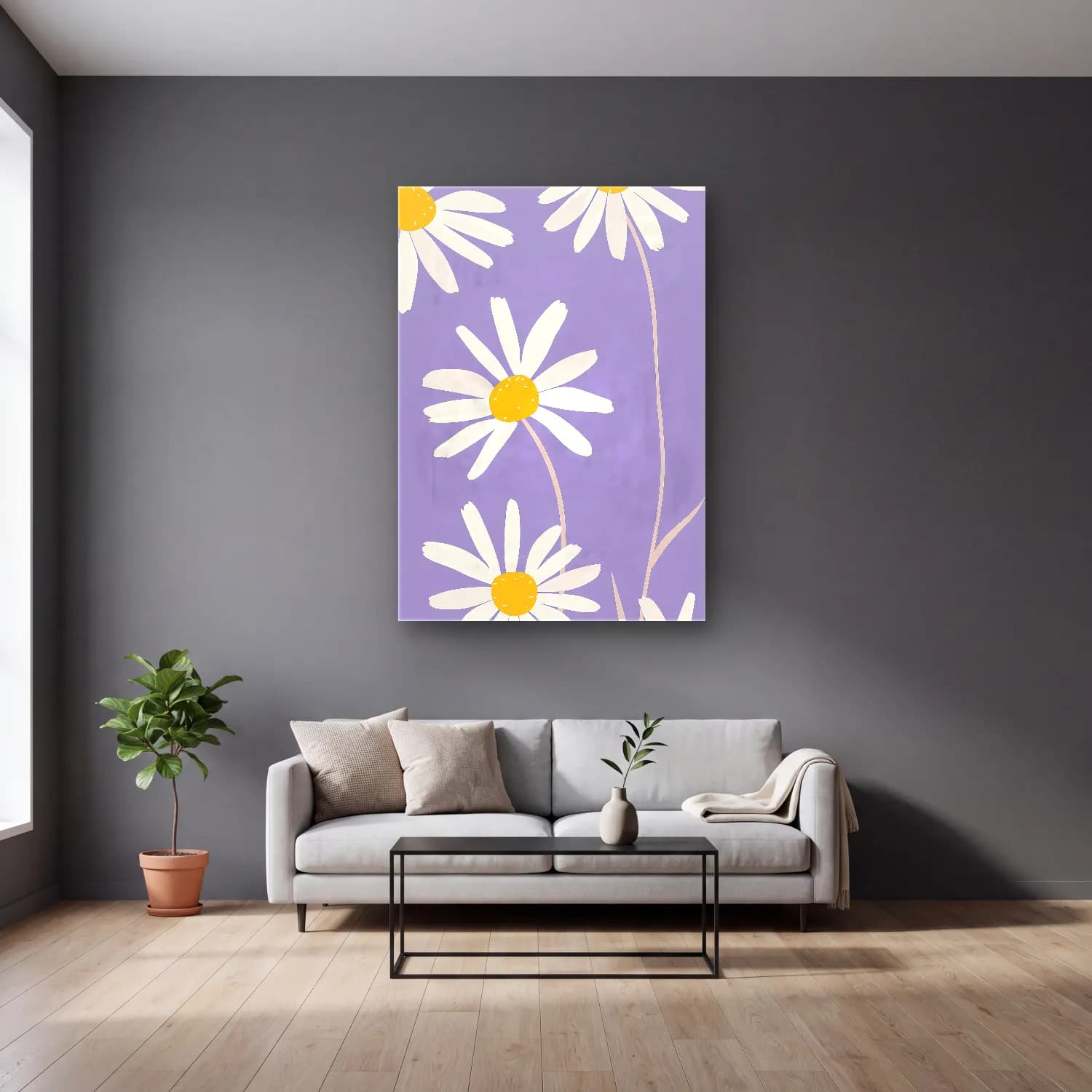 Pastel Papatyalar No. 13 cam tablo — gri duvarlı salonda