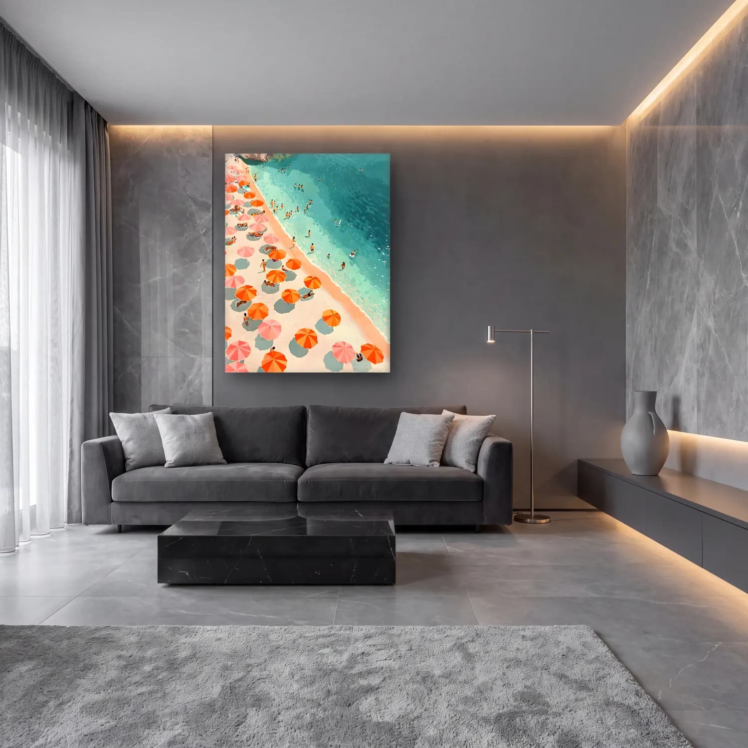 Pastel Plaj Şemsiyeleri No. 7 cam tablo — lüks salon duvarında