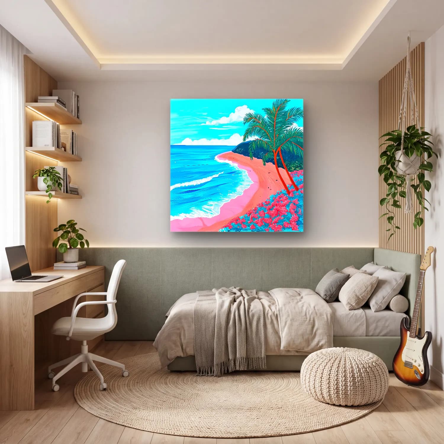 Pastel Palmiyeli Tropik Sahil No. 34 cam tablo — genç odasında