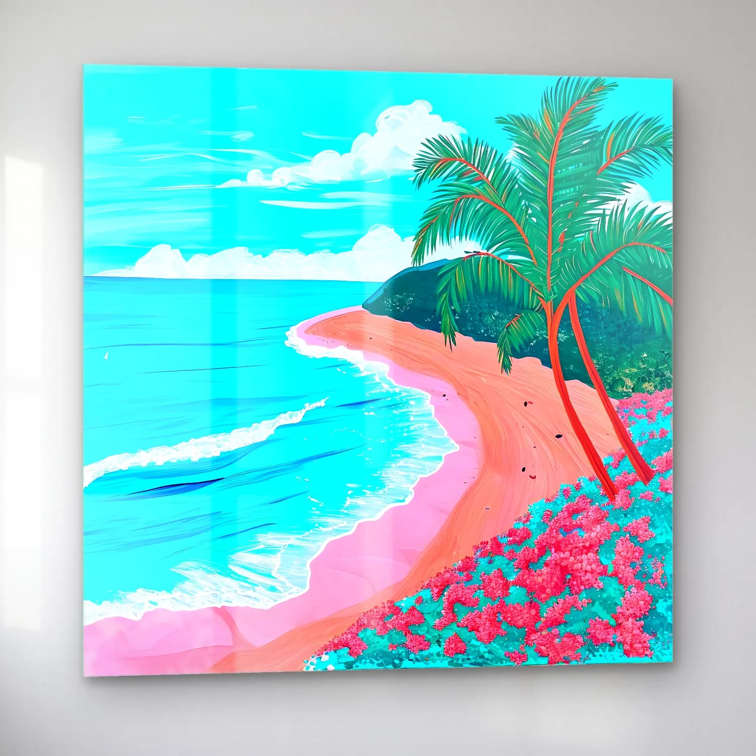 Pastel Palmiyeli Tropik Sahil No. 34 cam tablo — sol açıdan görünüm