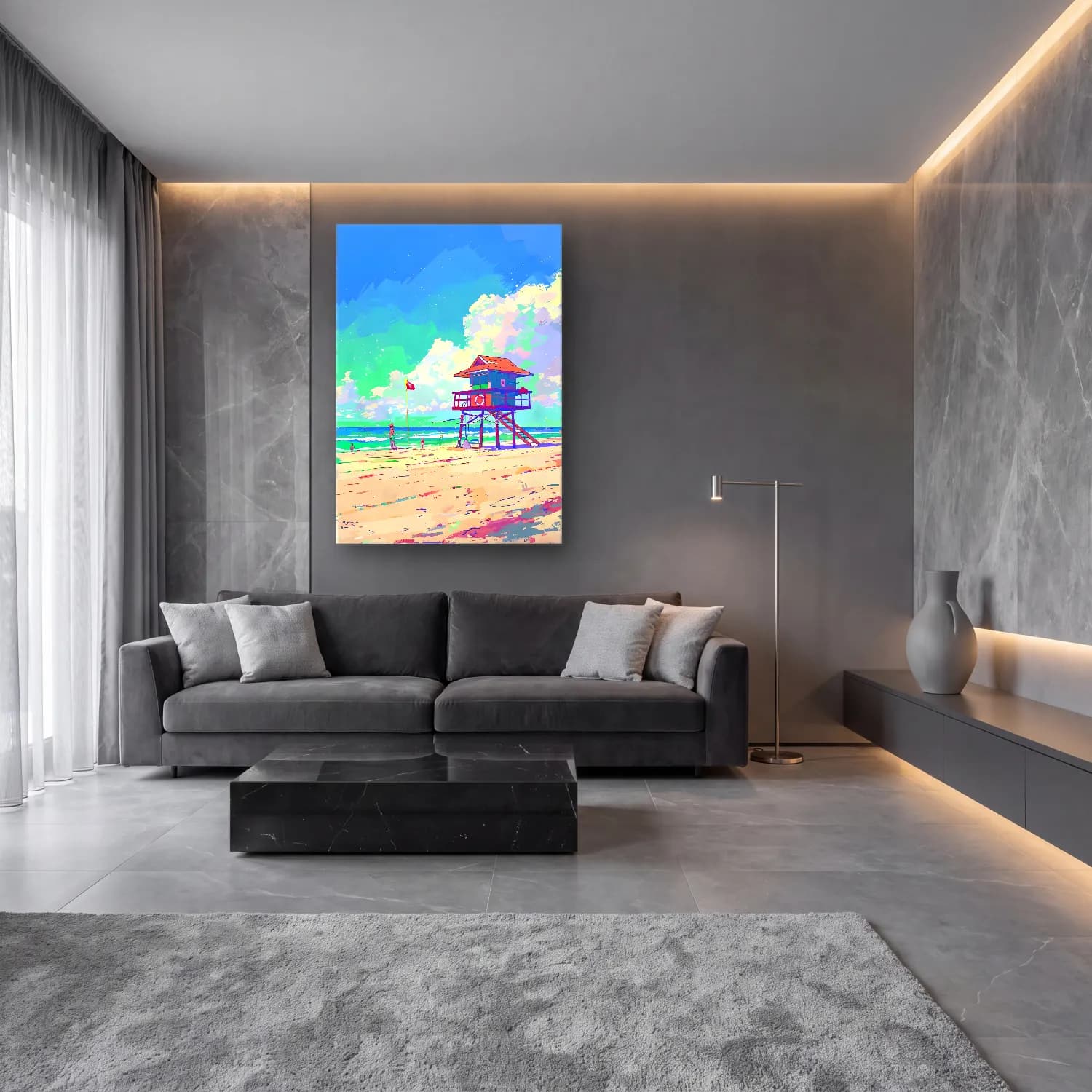Suluboya Deniz Feneri No. 3 cam tablo — lüks salon duvarında