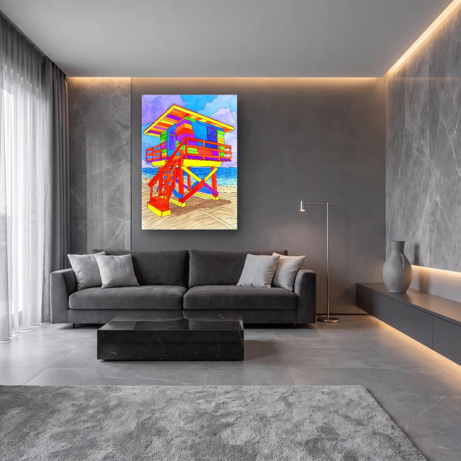 Pop Art Deniz Feneri cam tablo — lüks salon duvarında