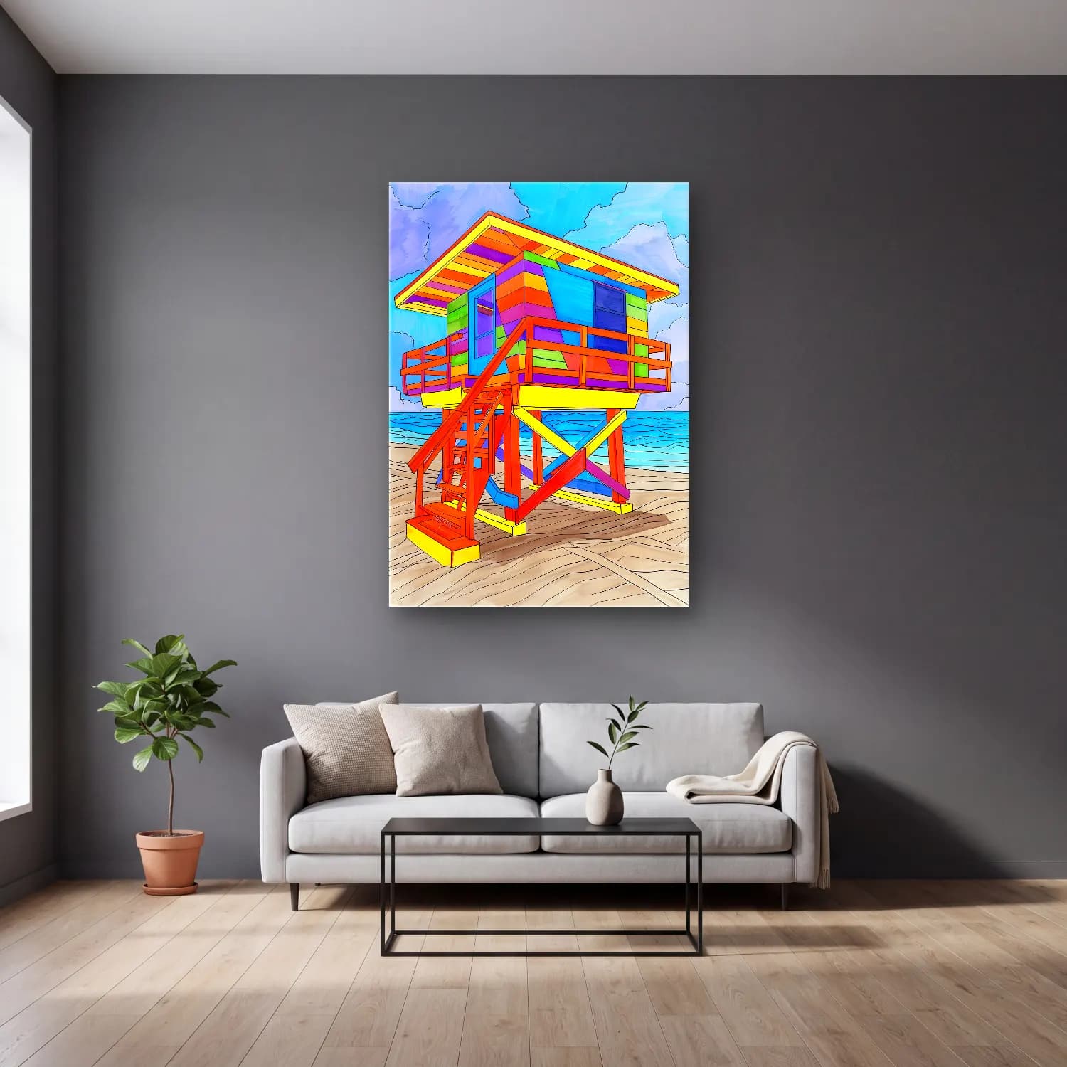 Pop Art Deniz Feneri cam tablo — gri duvarlı salonda