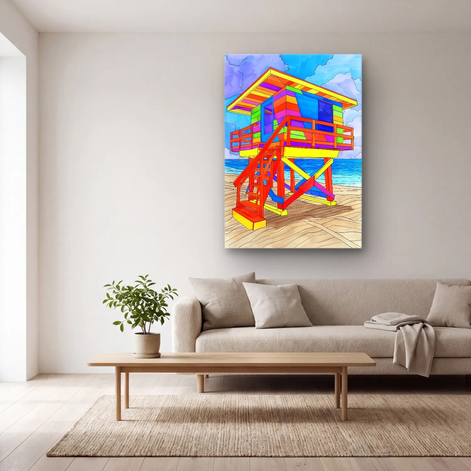 Pop Art Deniz Feneri cam tablo — açık renk salonda