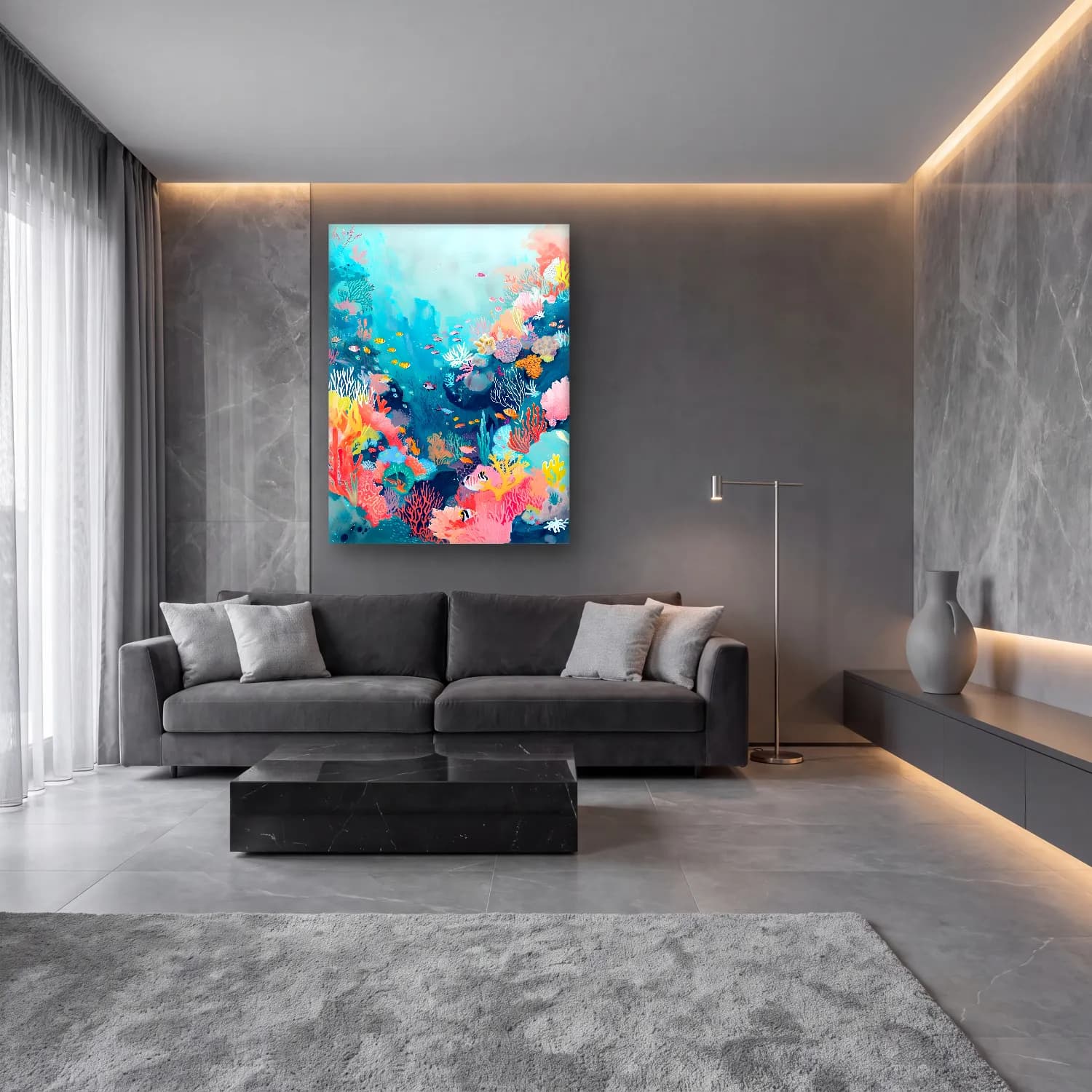 Pastel Balık No. 2 cam tablo — lüks salon duvarında