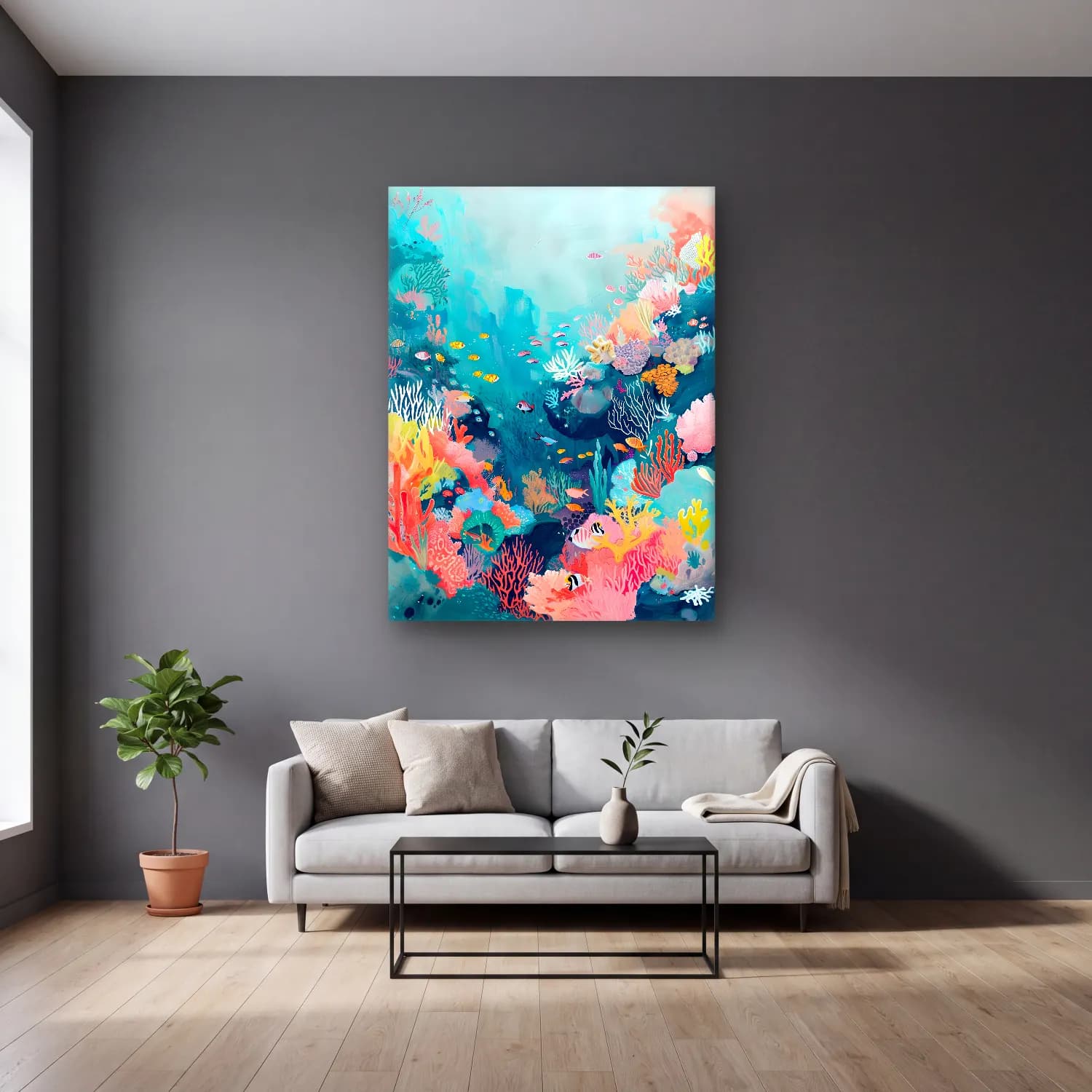 Pastel Balık No. 2 cam tablo — gri duvarlı salonda
