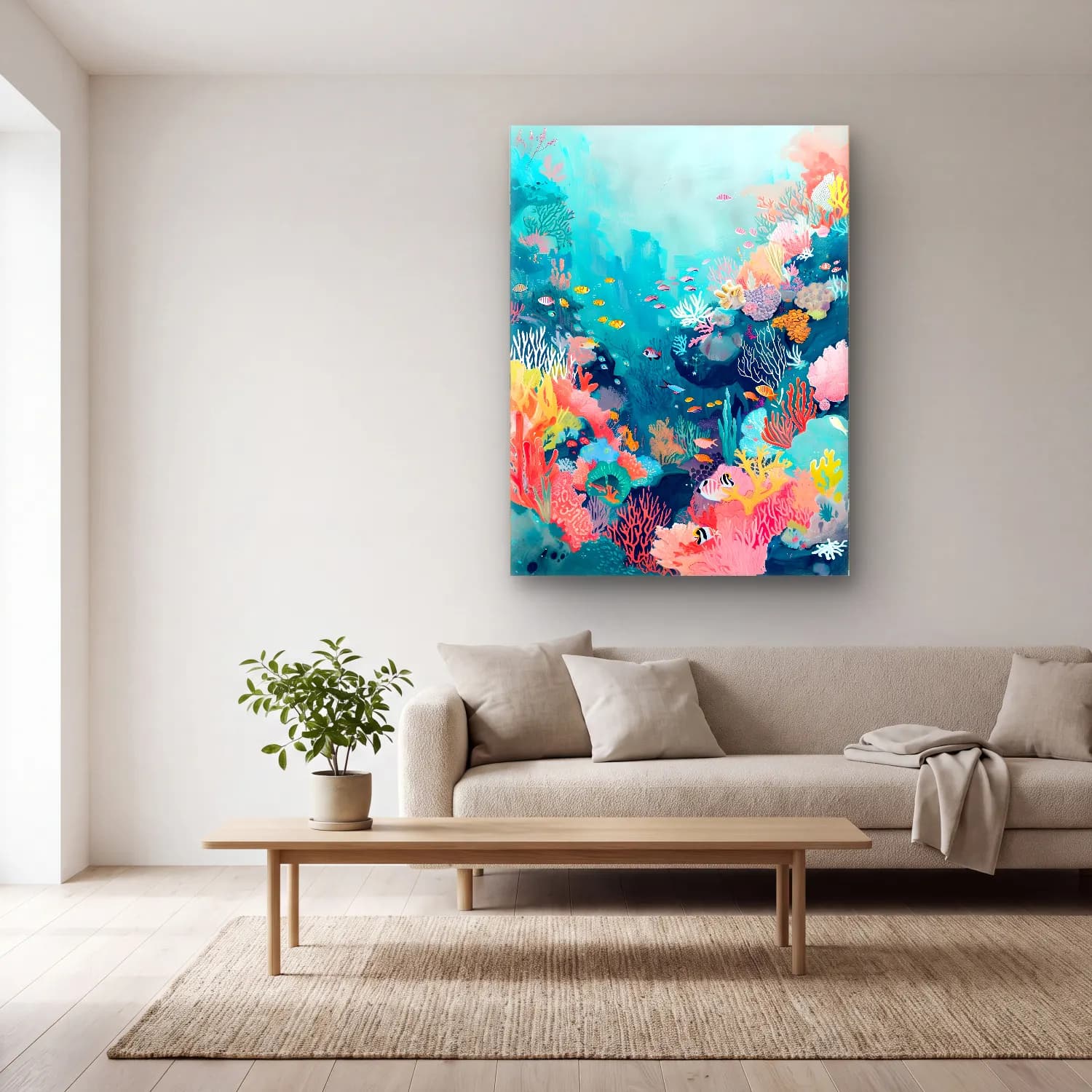Pastel Balık No. 2 cam tablo — açık renk salonda