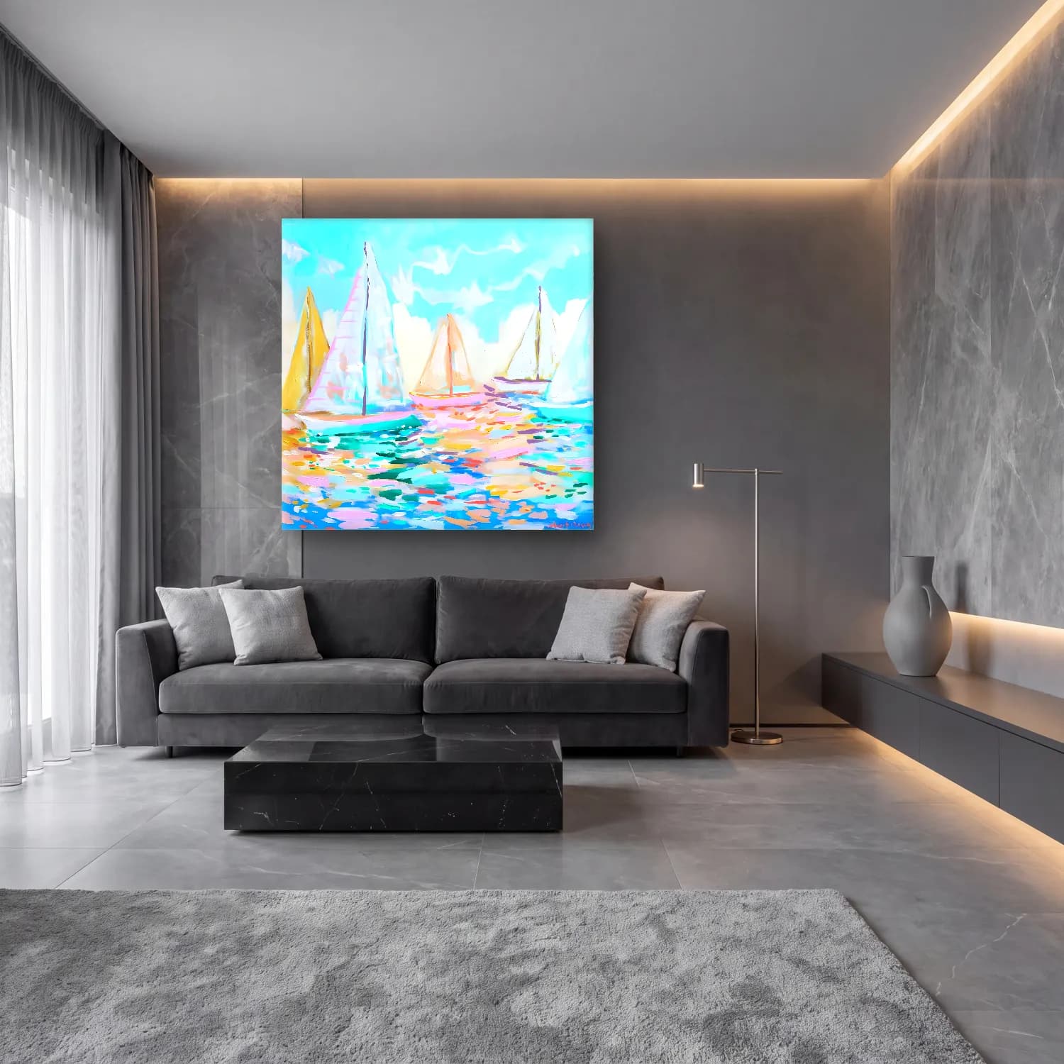 Pastel Yelken Yarışı No. 2 cam tablo — lüks salon duvarında