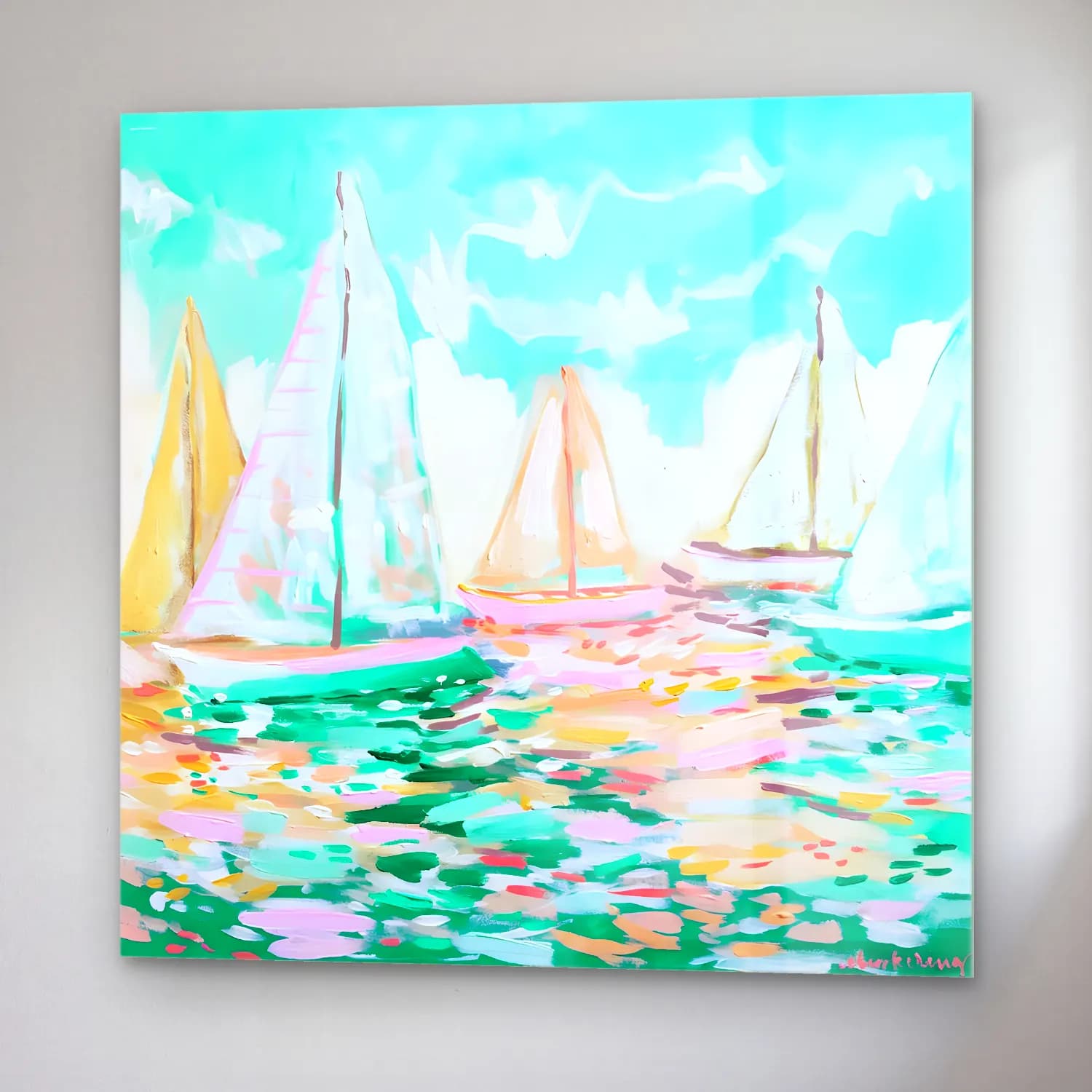 Pastel Yelken Yarışı No. 2 cam tablo — sağ açıdan görünüm