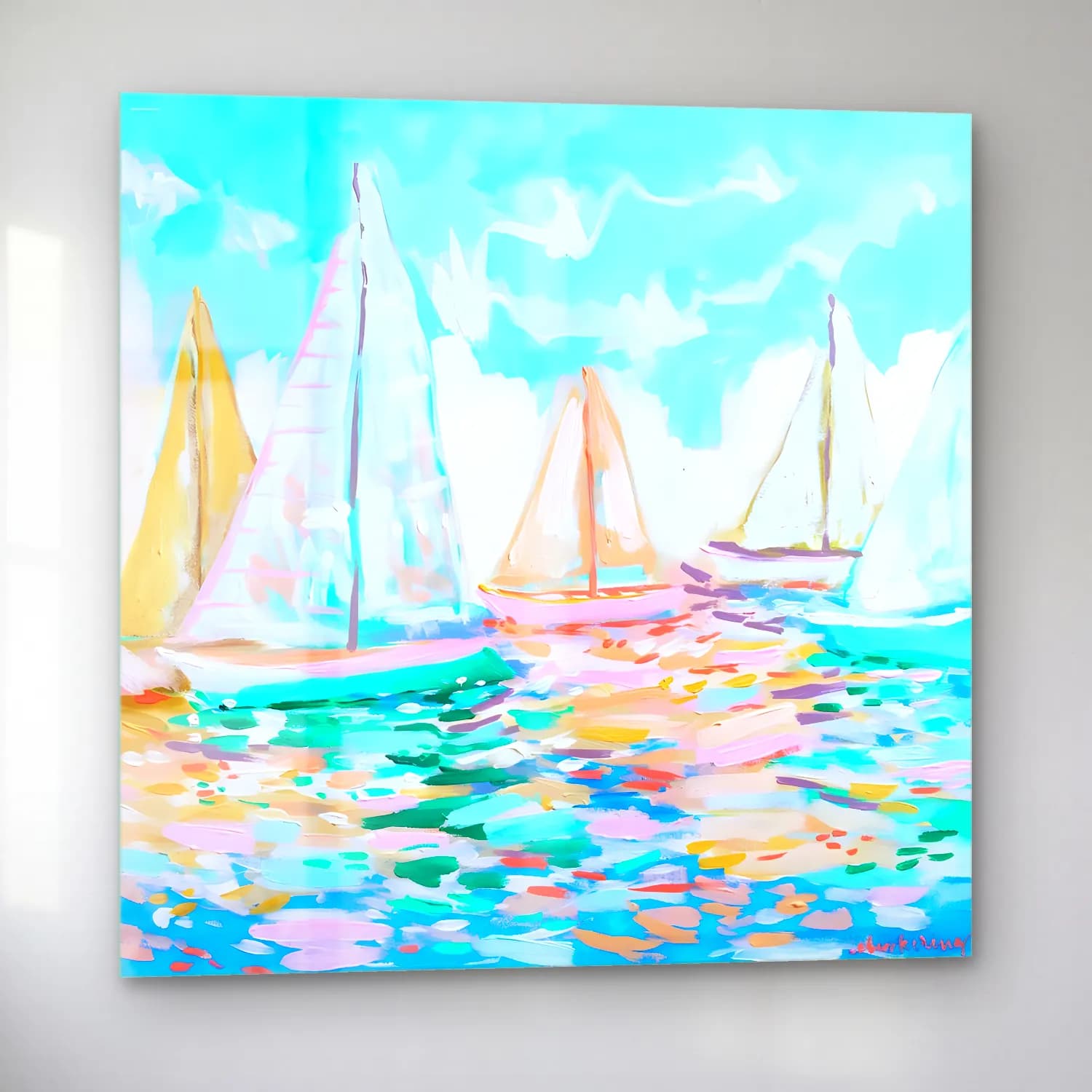 Pastel Yelken Yarışı No. 2 cam tablo — sol açıdan görünüm