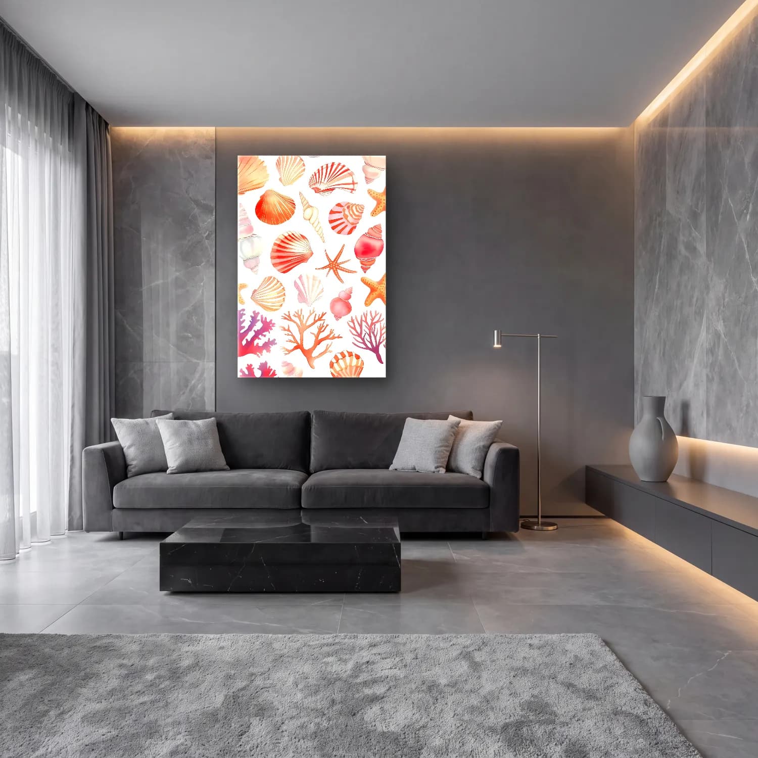 Pastel Deniz Kabukları No. 38 cam tablo — lüks salon duvarında