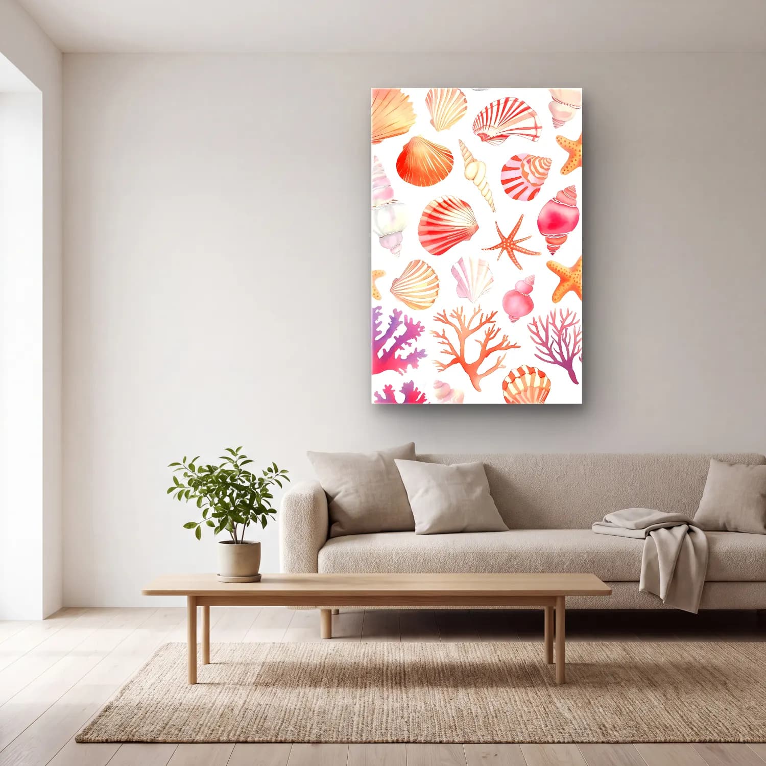 Pastel Deniz Kabukları No. 38 cam tablo — açık renk salonda