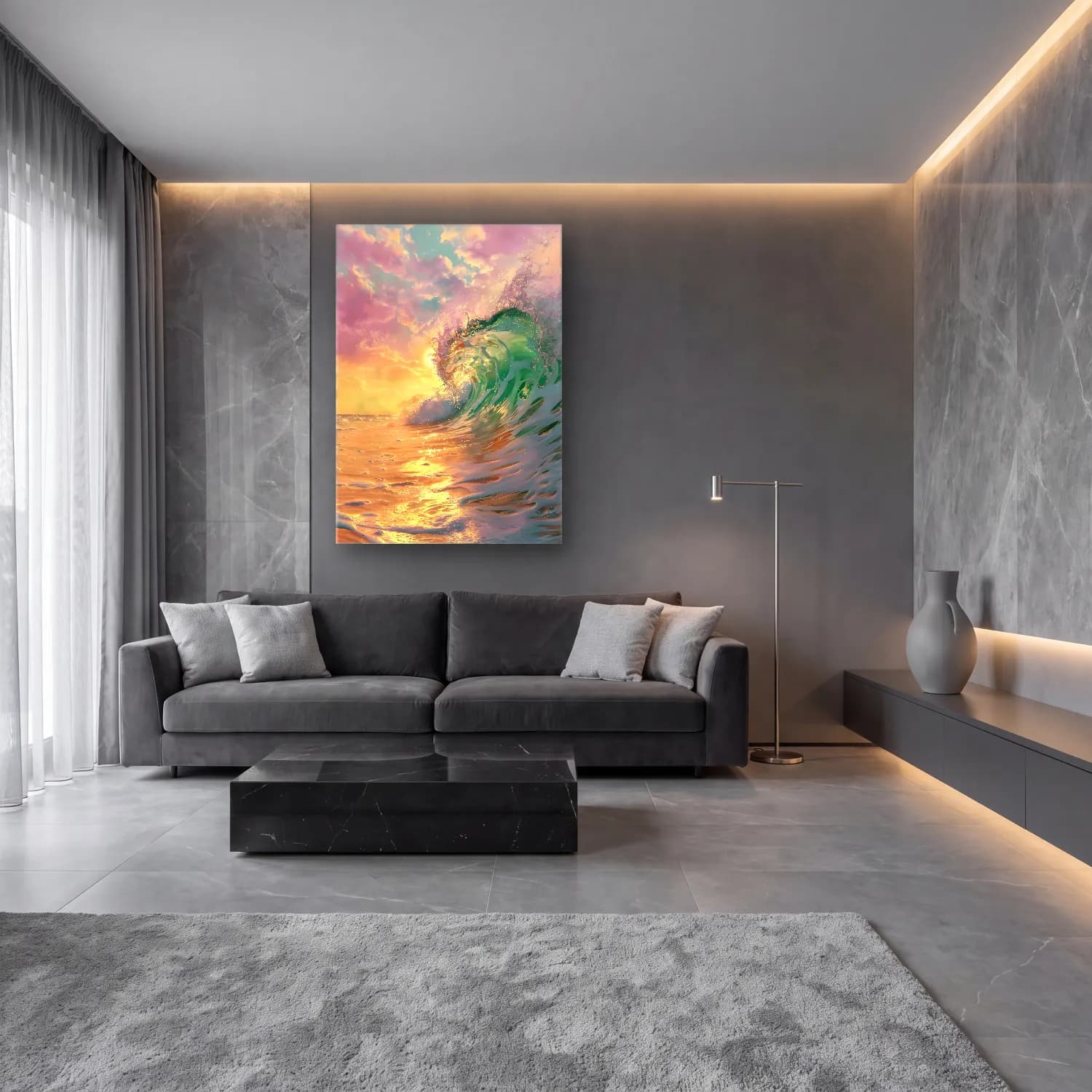 Pastel Dalgalı Sahil – Pastel Tonlar cam tablo — lüks salon duvarında
