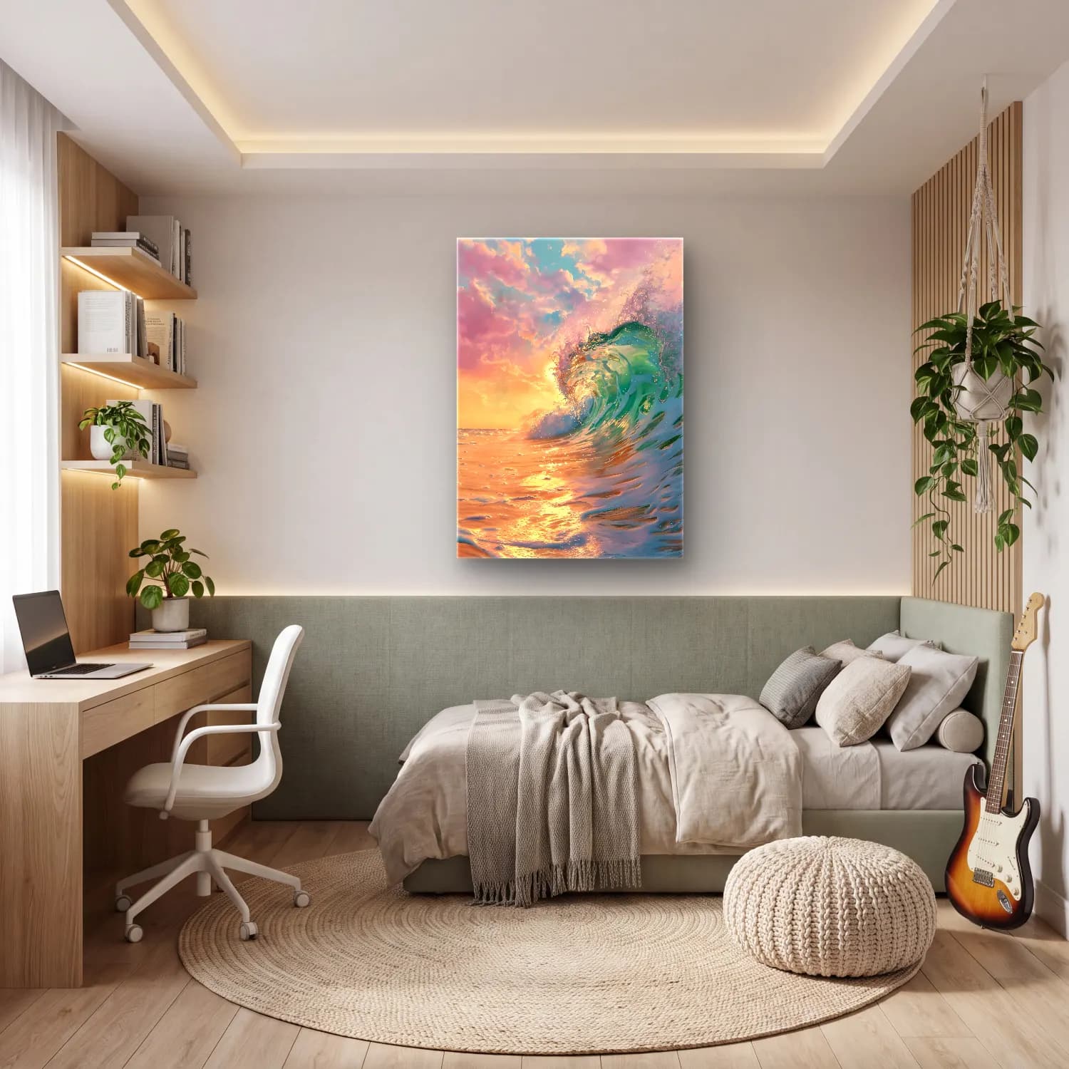 Pastel Dalgalı Sahil – Pastel Tonlar cam tablo — genç odasında