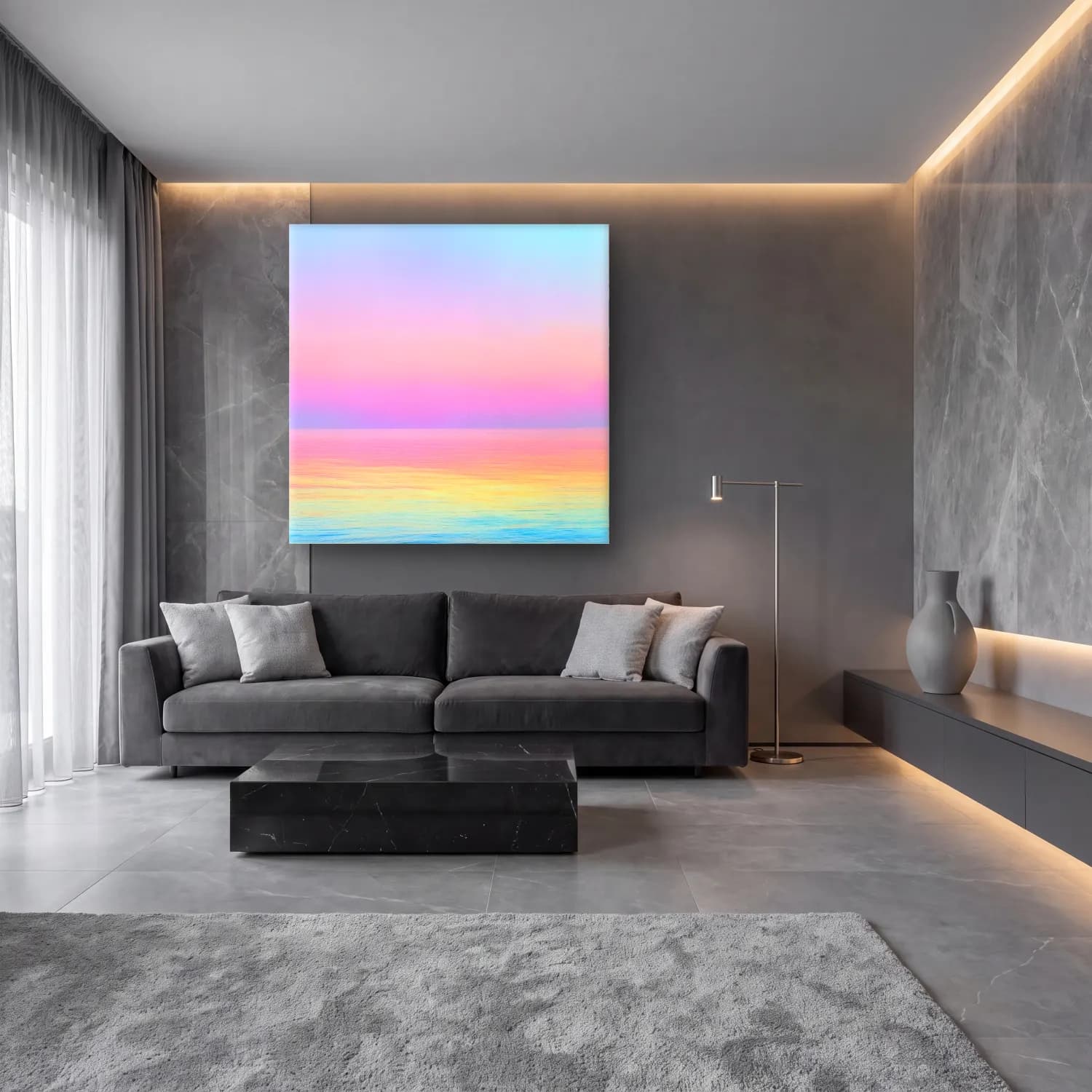 Pastel Sakin Deniz Ufku No. 8 cam tablo — lüks salon duvarında