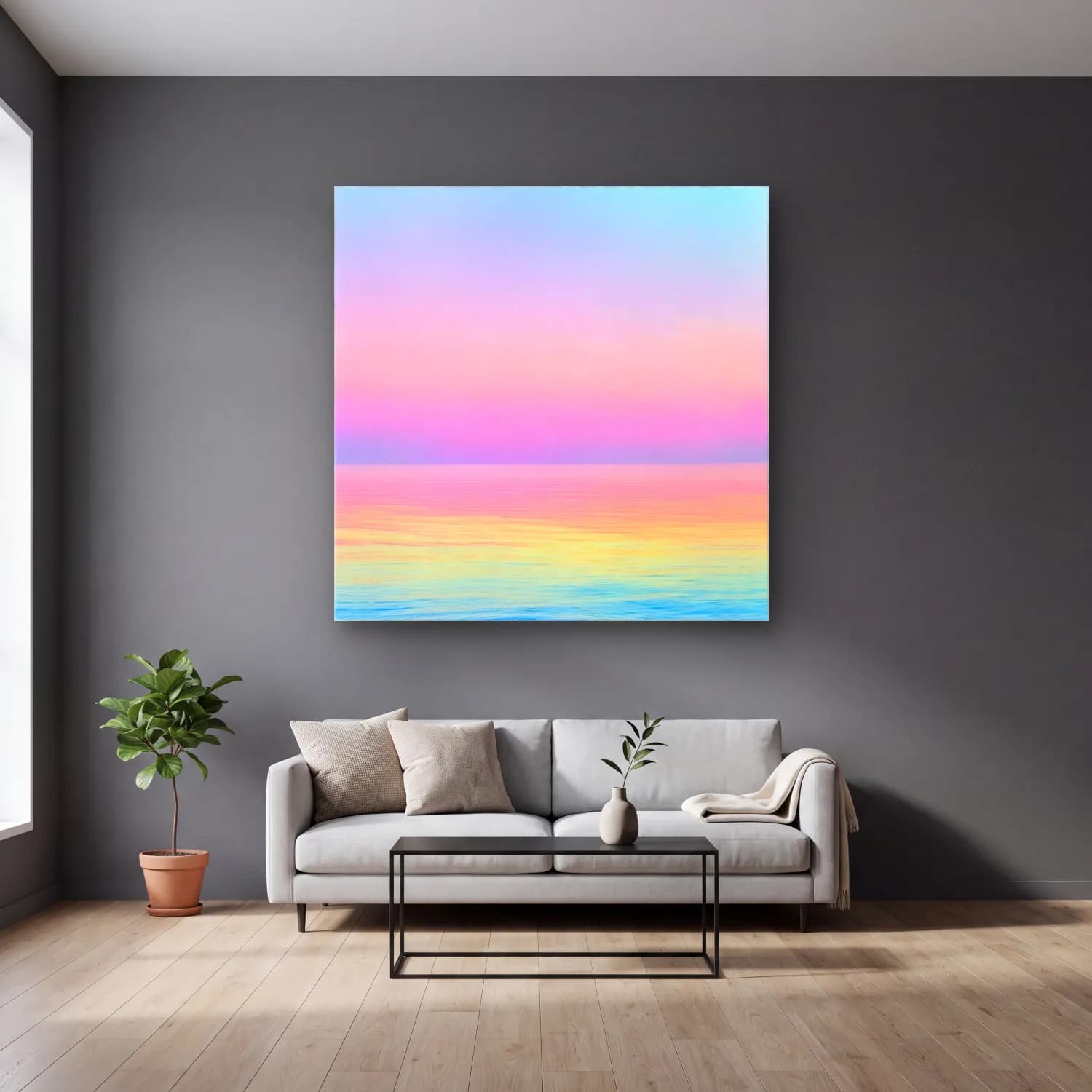Pastel Sakin Deniz Ufku No. 8 cam tablo — gri duvarlı salonda